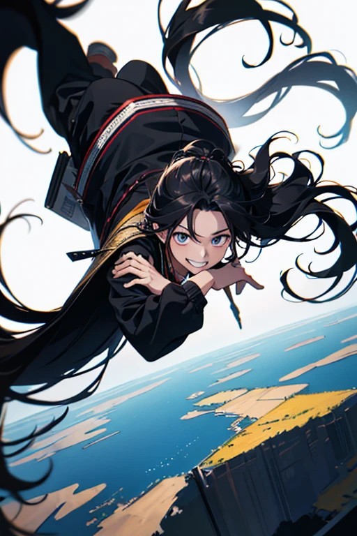 Hojo time travel, Gaze, Very long hair, Anatomically correct, Very long hair, ponytail, anime, Cowboy Shot, 8 old, boy, High resolution, falling, jumping, black hair, Upside down, Simple Background, smile, 