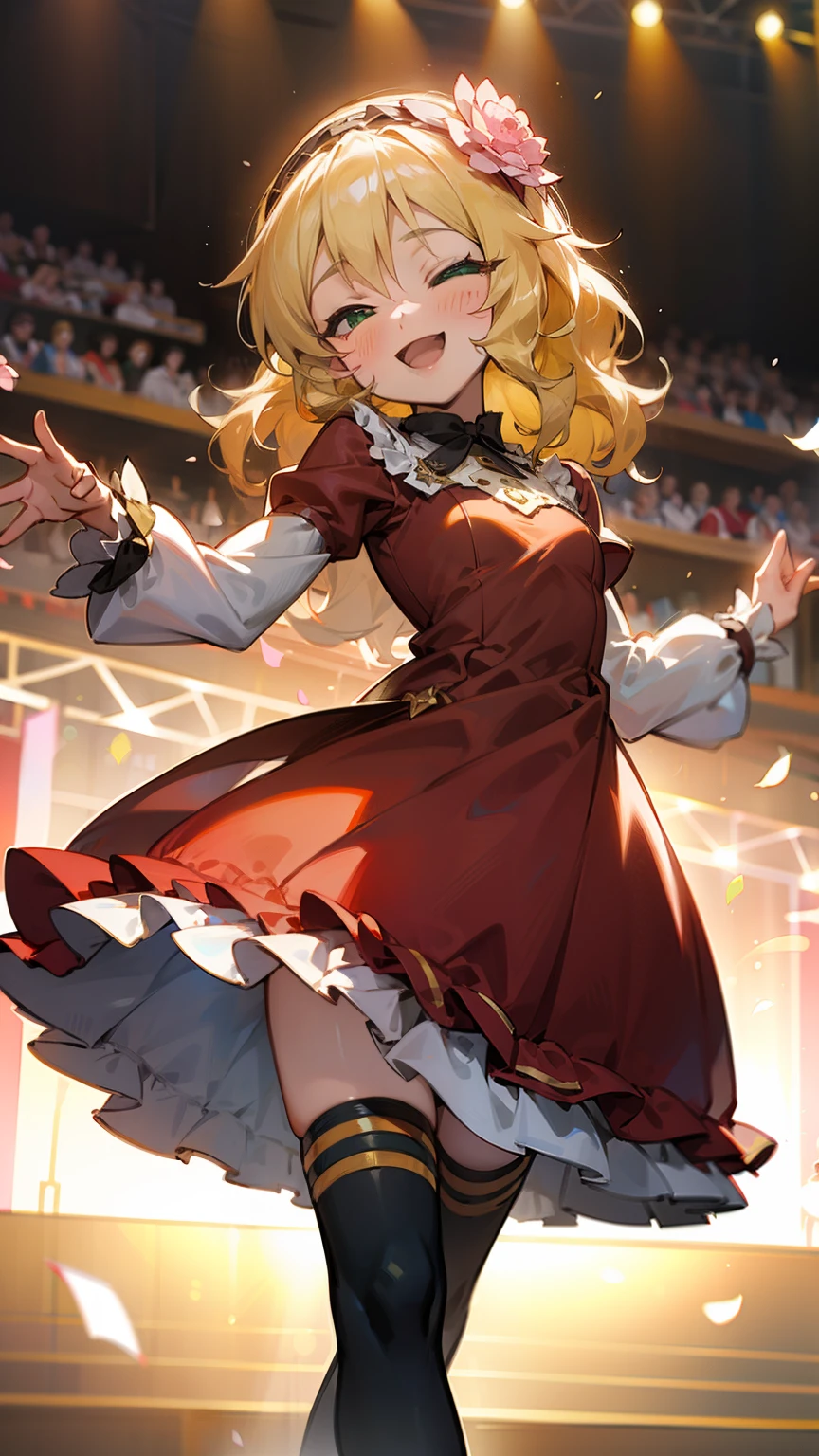 masterpiece,best quality, ultra-detailed,1girl(sakurai momoka, lovely small breasts, wavy hair, long hair, blonde hair, headband, pink flower in hair,green eyes, half-closed eyes), smile, open mouth, head tilt, solo, red dress, ornate dress, bows, white thighhighs, in the stage, dancing, cute dancing,