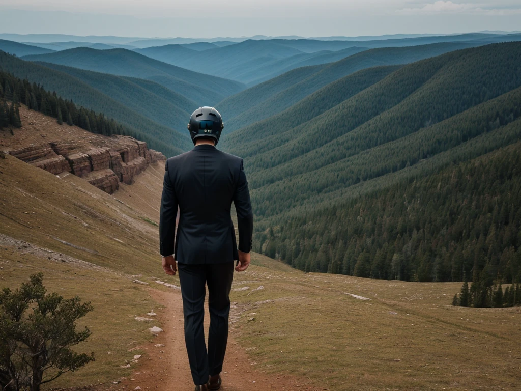 A Luxury Sales Suit man wearing a black rider full-face helmet overlooking wilderness,full body,standard rider black full face helmet,back view of the man, background is a wilderness,a man overlooking wilderness,a man overlooking wilderness,a man overlooking wilderness,a man overlooking wilderness,a man overlooking wilderness,full body,full body,full body,full body,with black rider full-face helmet,with black rider full-face helmet,with black rider full-face helmet,wearing black rider full-face helmet,wearing black full-face helmet,wearing black full-face helmet,overlooking wilderness,overlooking wilderness,Back view,Back view,Back view,Back view,Draw people small,Draw people small,Spectacular views,Spectacular views,Spectacular views,lonely man,lonely man,a black full-face helmet,a black full-face,A Luxury Sales Suit man,with Luxury Sales Suit