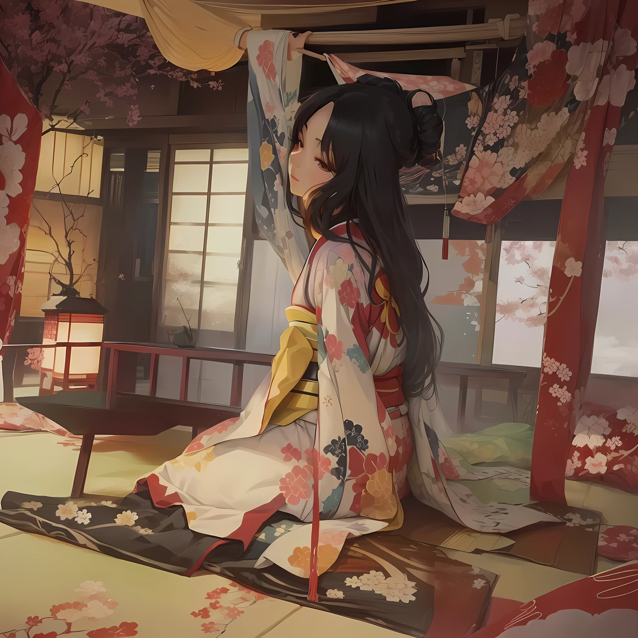 An anime scene of a woman in a kimono sitting on a bed, Painted in an anime artist's studio, Singey, Digital art on Pixiv, pixiv Contest Winner, feudal japan art, by Kamaguruka, by Shimo, guweiz on pixiv artstation, Beautiful artwork illustration, Anime style digital art she is a japanese woman she is 17 years old. she is very skinny. Her shoulders are very narrow. she is naked. her breasts are small. She is 170 cm tall. She weighs 35kg. She has a transparent pink cunt exposed. She draws the female genitalia clearly.Her outline is thin and she doesn't use black, A sweet look in love. Her cheeks are dyed red. Japanese painting. pale watercolor. Do not draw outlines.The uterus and vagina are visible through the skin. The skin is transparent and the organs are visible.Very thin, small breasts, thin legs Pink straight hair, brown eyes, A short skirt with a checkered pattern, a tie of the same color as the skirt, and a navy blue blazer.Female genitalia exposed. with an anarchic color scheme.A Japanese high school girl is coming home from school and changing her clothes, exposing her skin.She is wearing a navy blazer, a plaid/checkered skirt, black knee-high socks, and has long pink hair, wearing glasses.The genitals are exposed and conspicuous.I'm changing clothes in my room and I'm naked. She doesn't even wear underwear.Do not draw outlines. A pale watercolor painting. Color saturation is low.