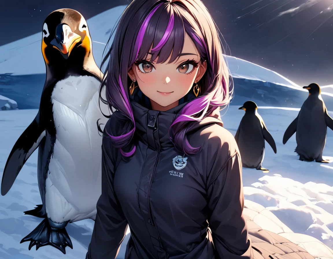 (highest quality:1.2, Very detailed, up to date, Vibrant, Ultra-high resolution, High Contrast, masterpiece:1.2, highest quality, Best aesthetics), Portraiture、girl、((25-years-old:1)), Bright colors、Beautiful fine details、Beautiful lip detail, long hair、black and purple ((streaked hair:1.6)), highlights hair: 1.5, brown eyes, gold earrings, ((slim body:1.4)), (small breast:0.7), (dark skin:0.5), (Antarctic:1), penguin, (Winter clothes:1), cowboy shot,
