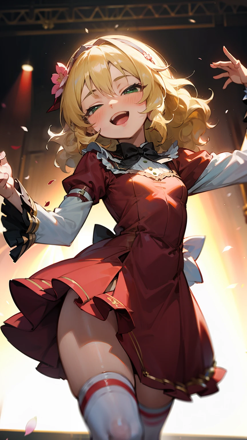 masterpiece,best quality, ultra-detailed,1girl(sakurai momoka, lovely small breasts, wavy hair, long hair, blonde hair, headband, pink flower in hair,green eyes, half-closed eyes), smile,  open mouth,  head tilt, solo, red dress, ornate dress, bows,  white thighhighs, in the stage,  dancing,  cute dancing, 