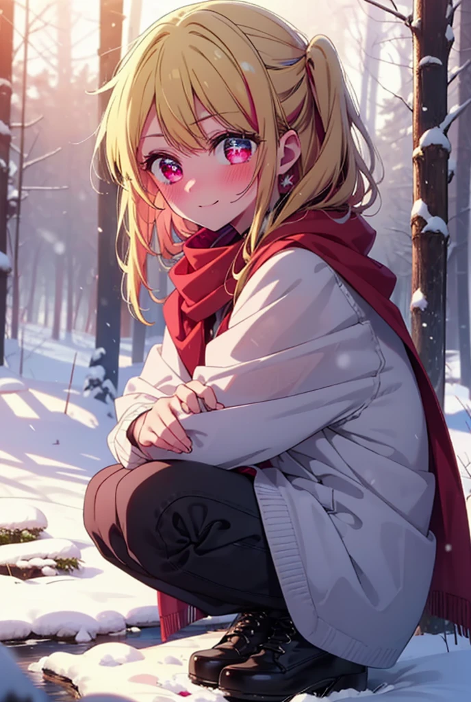 rubyhoshino, Hoshino Ruby, Long Hair, bangs, blonde, (Pink Eyes:1.3), Side Lock, (Symbol-shaped pupil:1.5), Multicolored Hair, Two-tone hair, smile,,smile,blush,white breath,
Open your mouth,snow,Ground bonfire, Outdoor, boots, snowing, From the side, wood, suitcase, Cape, Blurred, , forest, White handbag, nature, Squat, Mouth closed, Cape, winter, Written boundary depth, Black shoes, red Cape break looking at viewer, Upper Body, whole body, break Outdoor, forest, nature, break (masterpiece:1.2), Highest quality, High resolution, unity 8k wallpaper, (shape:0.8), (Beautiful and beautiful eyes:1.6), Highly detailed face, Perfect lighting, Highly detailed CG, (Perfect hands, Perfect Anatomy),
