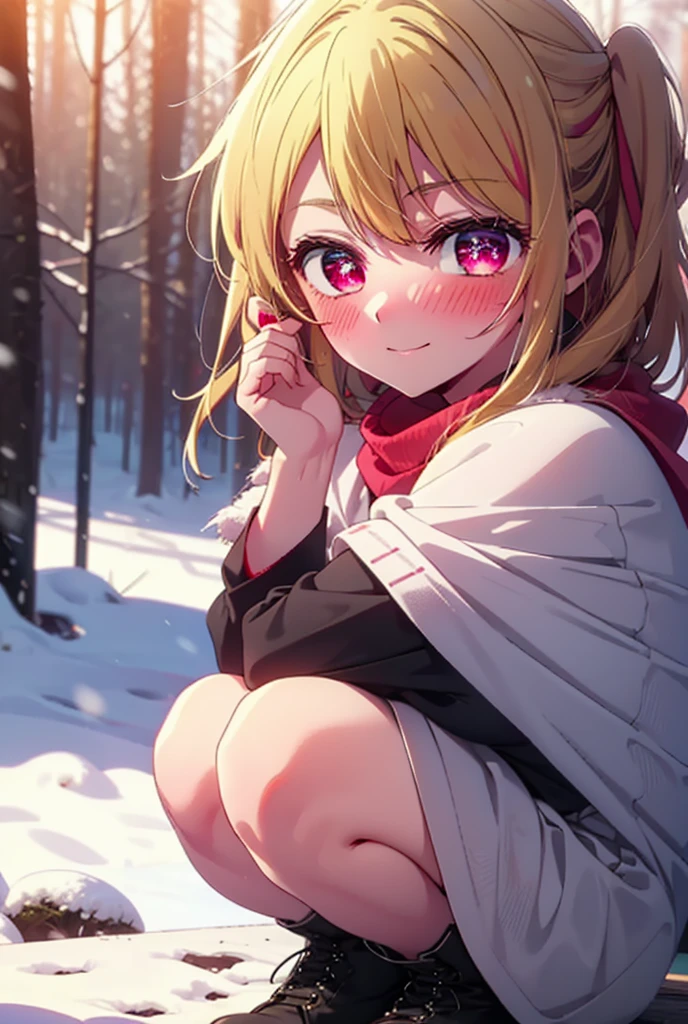 rubyhoshino, Hoshino Ruby, Long Hair, bangs, blonde, (Pink Eyes:1.3), Side Lock, (Symbol-shaped pupil:1.5), Multicolored Hair, Two-tone hair, smile,,smile,blush,white breath,
Open your mouth,snow,Ground bonfire, Outdoor, boots, snowing, From the side, wood, suitcase, Cape, Blurred, , forest, White handbag, nature, Squat, Mouth closed, Cape, winter, Written boundary depth, Black shoes, red Cape break looking at viewer, Upper Body, whole body, break Outdoor, forest, nature, break (masterpiece:1.2), Highest quality, High resolution, unity 8k wallpaper, (shape:0.8), (Beautiful and beautiful eyes:1.6), Highly detailed face, Perfect lighting, Highly detailed CG, (Perfect hands, Perfect Anatomy),