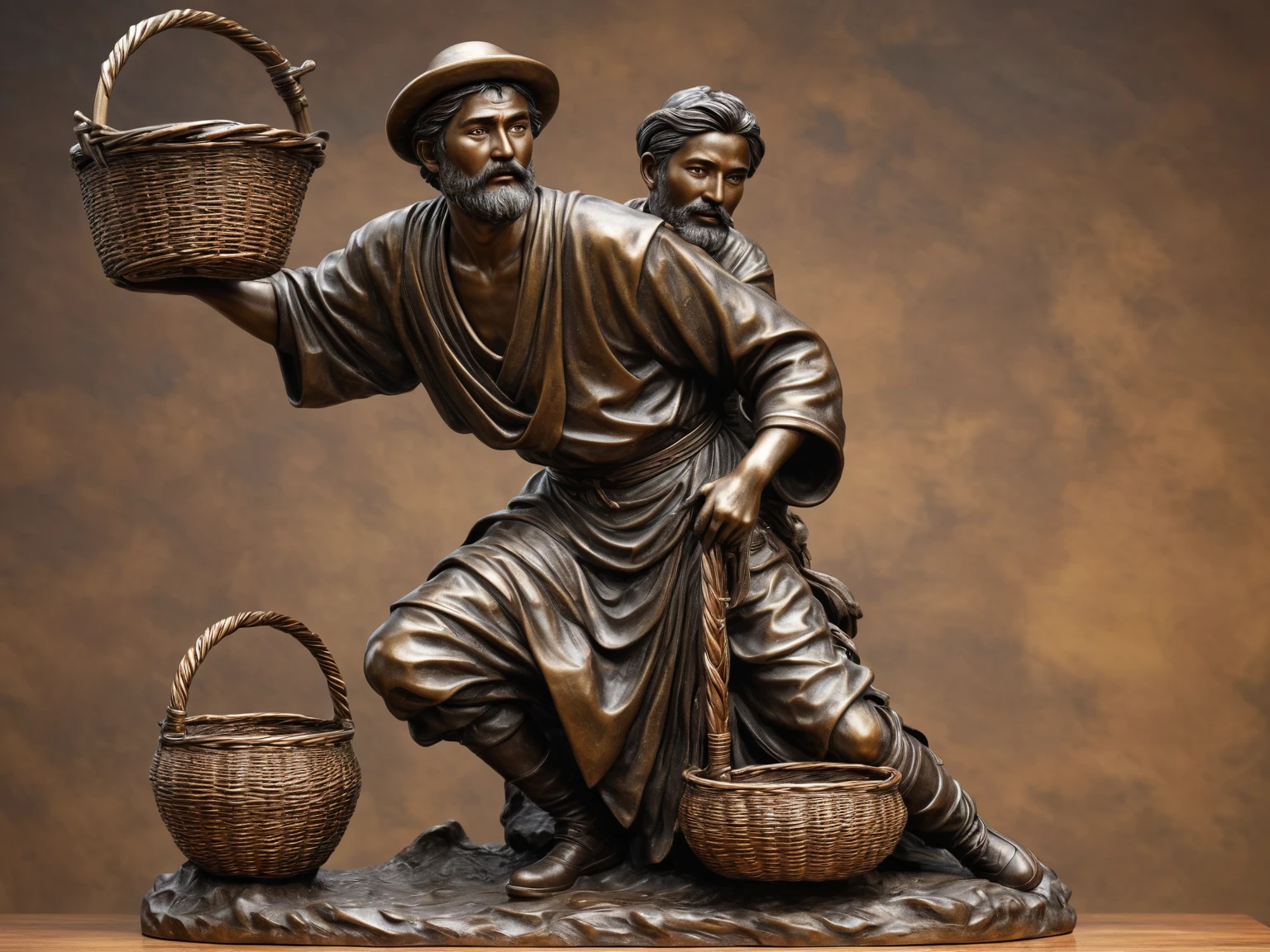 Bronze sculpture, figure sculpture, a peasant, a flat pole, basket, glittering clean picture, high quality, correct hands, towel around the neck, rich details, masterpiece of a master photographer, photographic photographs, game engine rendering