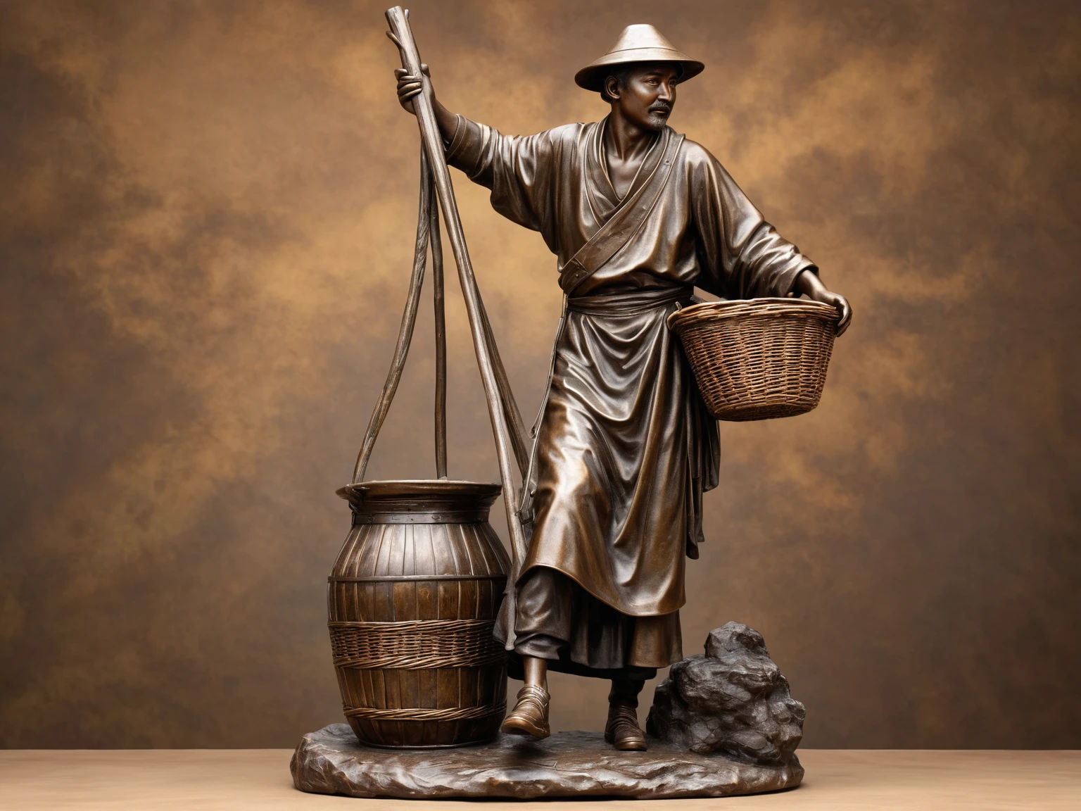 Bronze sculpture, figure sculpture, a peasant, a flat pole, basket, glittering clean picture, high quality, correct hands, towel around the neck, rich details, masterpiece of a master photographer, photographic photographs, game engine rendering