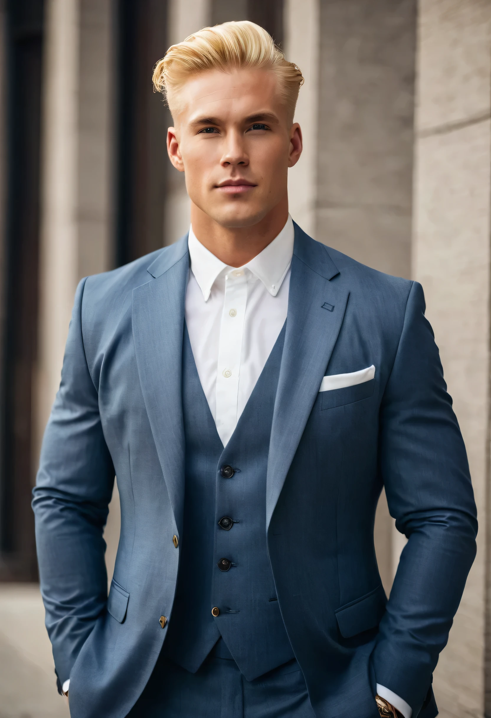 Handsome American man with blonde hair and masculine build. He is wearing a classic American suit.