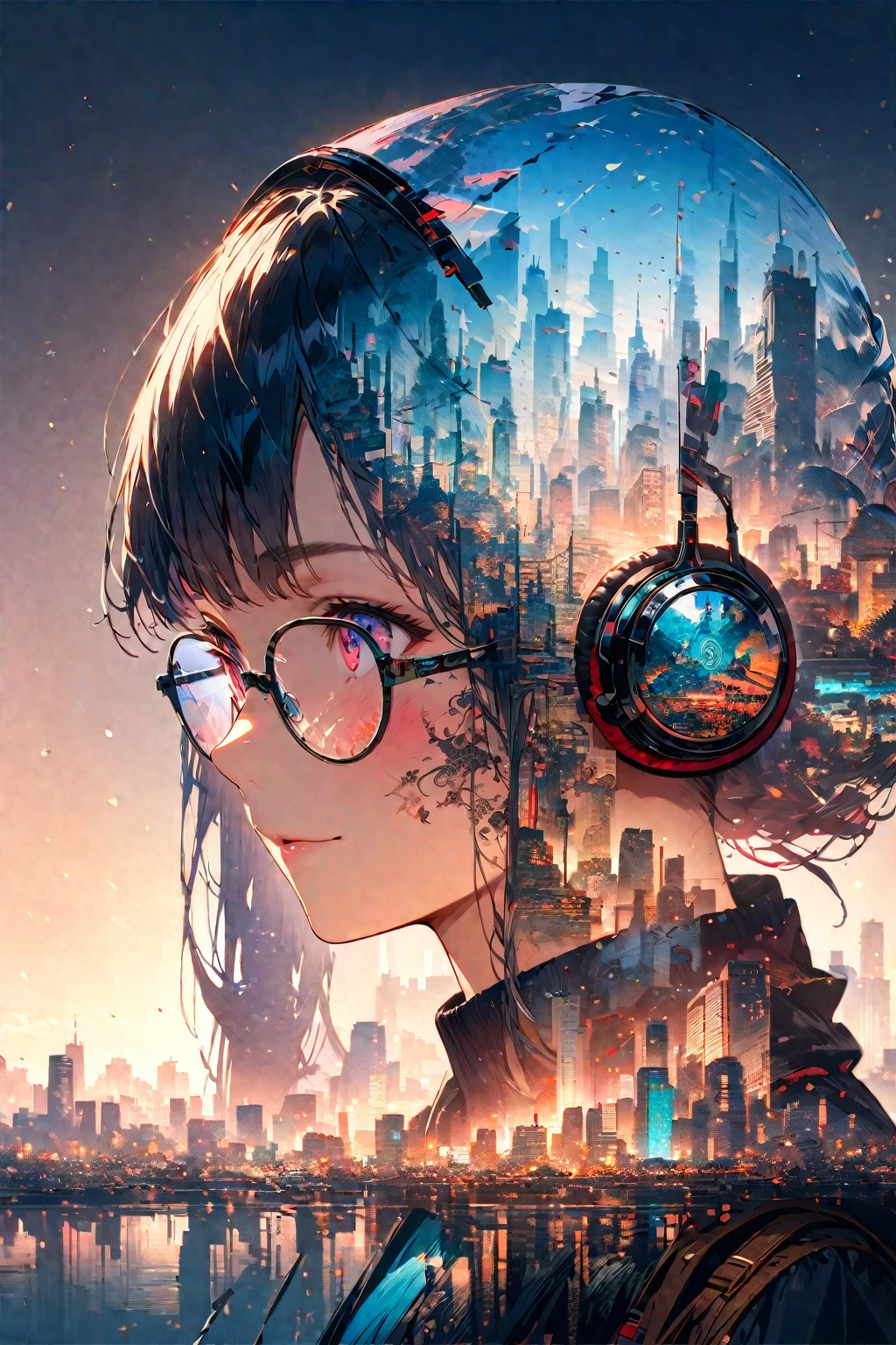 Double exposure of a beautiful and delicate semi-rimless eyewear headphone lady(Face clear and perfect)Image,The backdrop is a hyper-detailed tokyo city perfect for, Beautifully, Intricate illustrations, art work concept art work masterpiece, best quality, Super detailed, HD