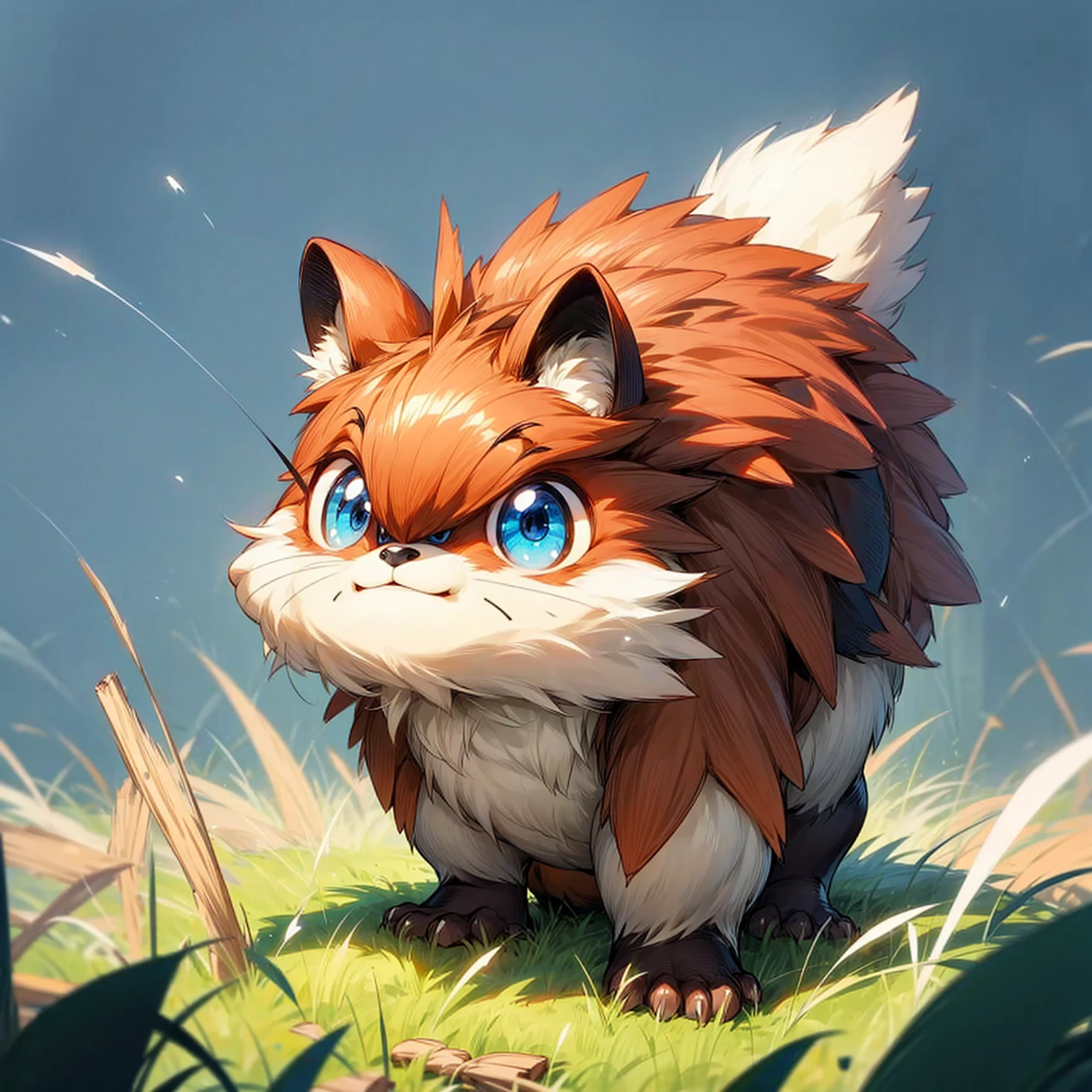1animaly, small animal version, Full body version, beaver mixed with dinosaurus, blue eyes, beaver head mixed, has horns, Grassroots, full background in field 
