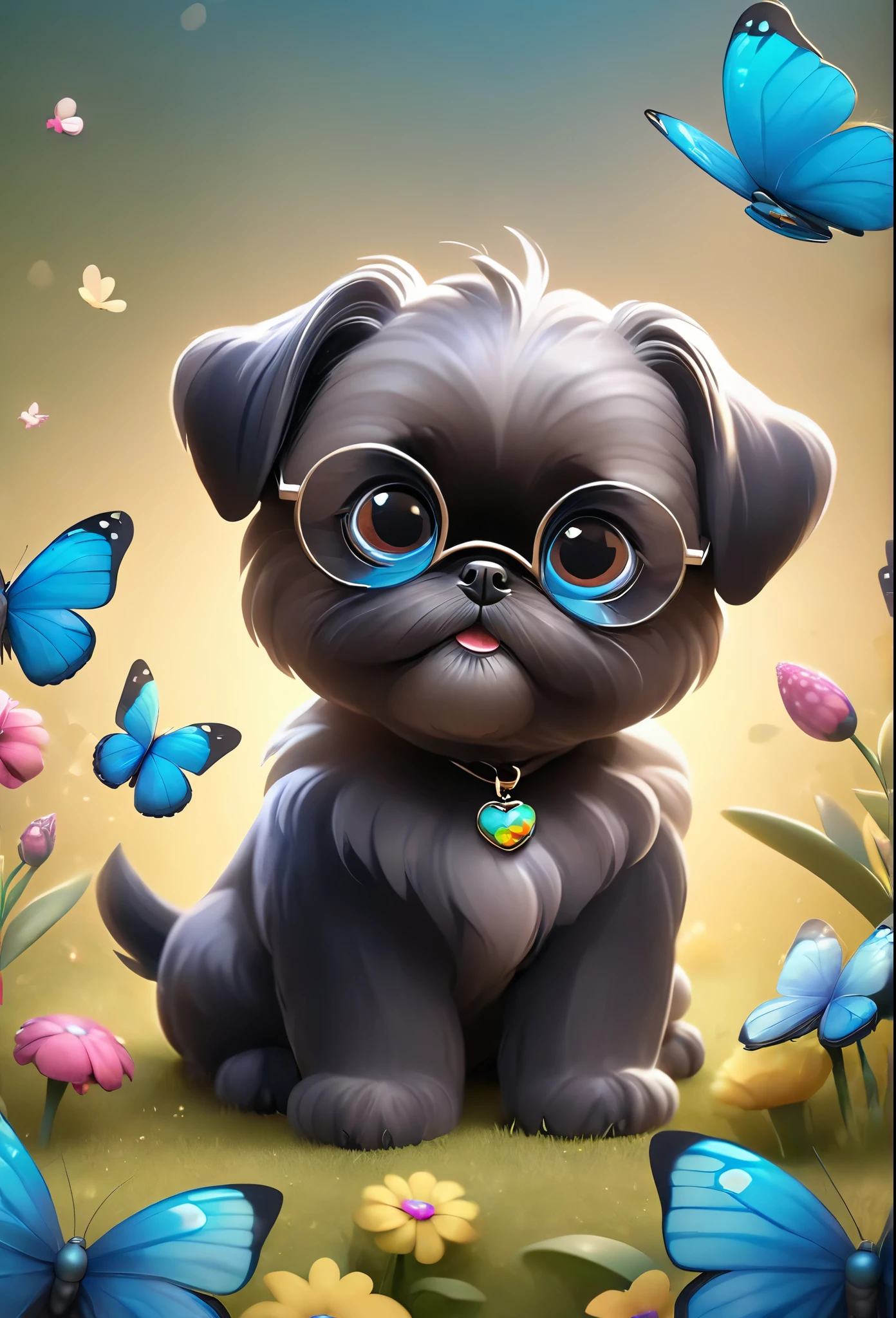 2 adorable very small very black Shih Tzu puppies with big bright blue eyes wearing sunglasses playing at park butterflies and flowers in background 3D Pixar style

