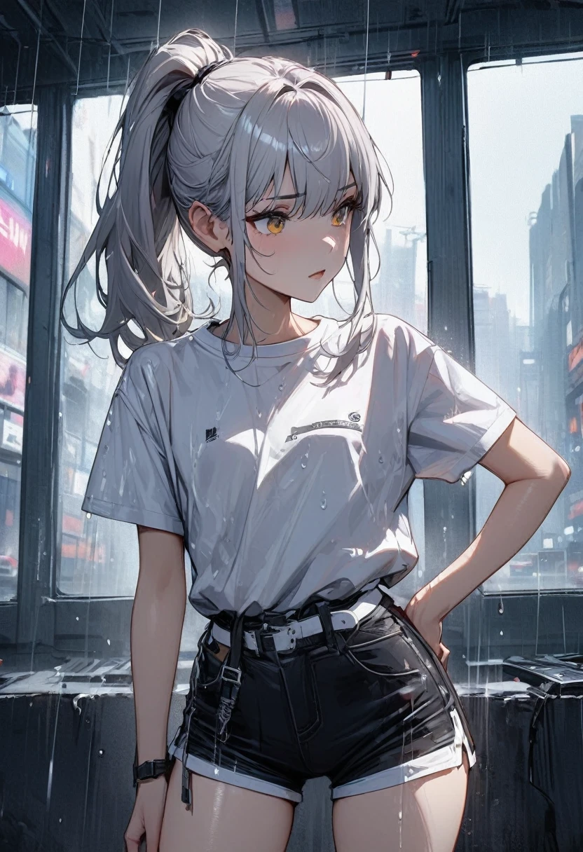 Young girl light silver hair high ponytail golden eyes cyberpunk white short sleeve shorts high quality masterpiece rainy day high detail