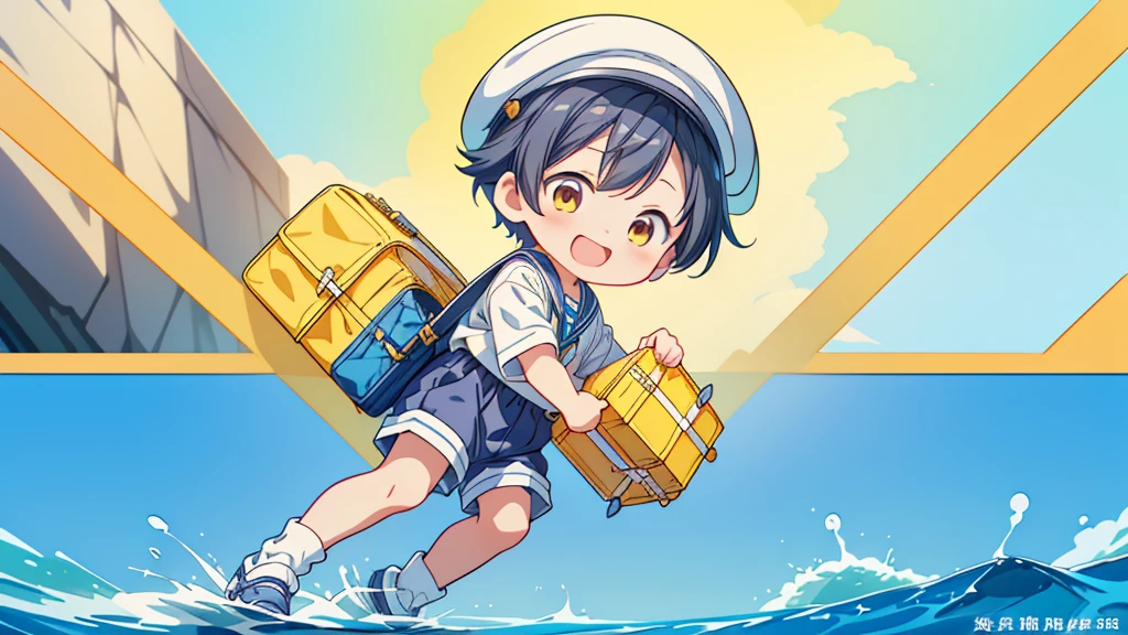 Chibi no Boy、(((Highest quality、Masterpiece、Official Art、The best dynamic composition)))、Anime Style、Very detailed、8K high resolution、The boy is carrying a rectangular yellow bag over his shoulder.、Navy blue sailor suit and navy blue shorts、White socks、Diamond Hat、Smiling happily at kindergarten、