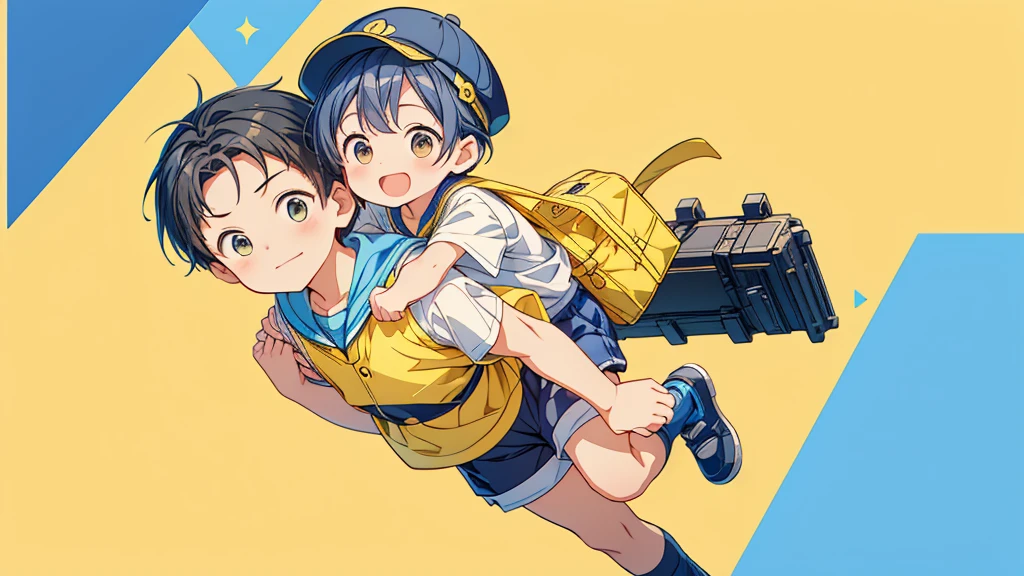 Chibi no Boy、(((Highest quality、Masterpiece、Official Art、The best dynamic composition)))、Anime Style、Very detailed、8K high resolution、The boy is carrying a rectangular yellow bag over his shoulder.、Navy blue sailor suit and navy blue shorts、White socks、Diamond Hat、Smiling happily at kindergarten、