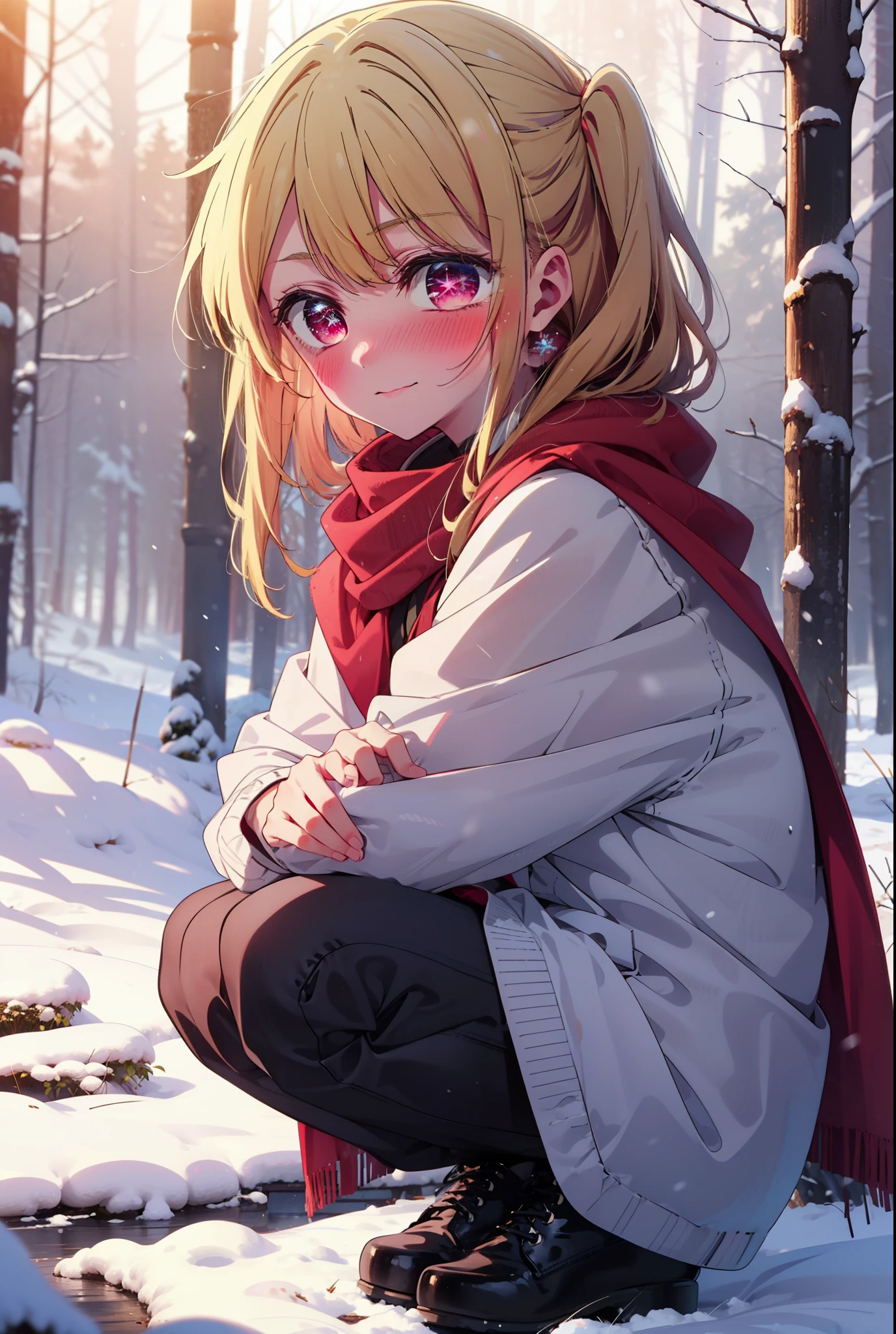 rubyhoshino, Hoshino Ruby, Long Hair, bangs, blonde, (Pink Eyes:1.3), Side Lock, (Symbol-shaped pupil:1.5), Multicolored Hair, Two-tone hair, smile,,smile,blush,white breath,
Open your mouth,snow,Ground bonfire, Outdoor, boots, snowing, From the side, wood, suitcase, Cape, Blurred, , forest, White handbag, nature, Squat, Mouth closed, Cape, winter, Written boundary depth, Black shoes, red Cape break looking at viewer, Upper Body, whole body, break Outdoor, forest, nature, break (masterpiece:1.2), Highest quality, High resolution, unity 8k wallpaper, (shape:0.8), (Beautiful and beautiful eyes:1.6), Highly detailed face, Perfect lighting, Highly detailed CG, (Perfect hands, Perfect Anatomy),