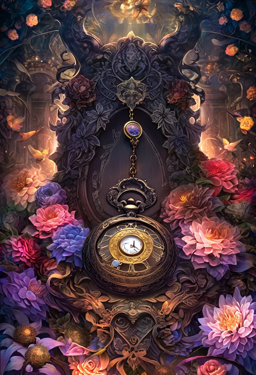 e621(best quality, high resolution, ultra-detailed)silhouett(kemono, furry anthro)holding striking pocket watch, surrounded by flowers, snakes and darkness, illustrative rendering, intricate details, mysterious atmosphere, vibrant colors, dynamic lighting , Gothic style,