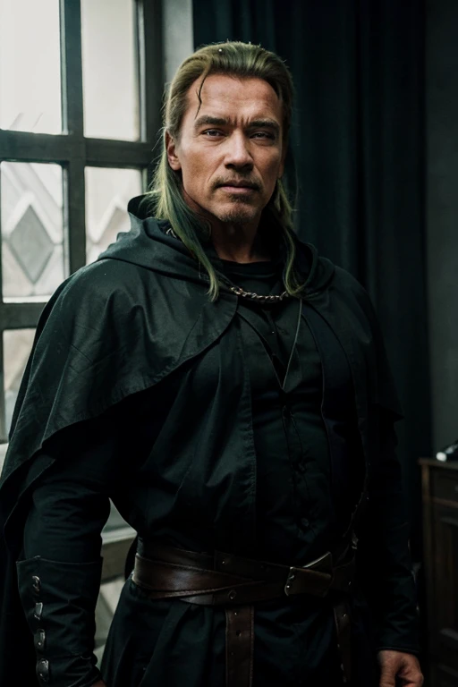 Photo of Arnold Schwarzenegger with green hair, dressed in a black cloak. Who holds Thor's hammer in his right hand