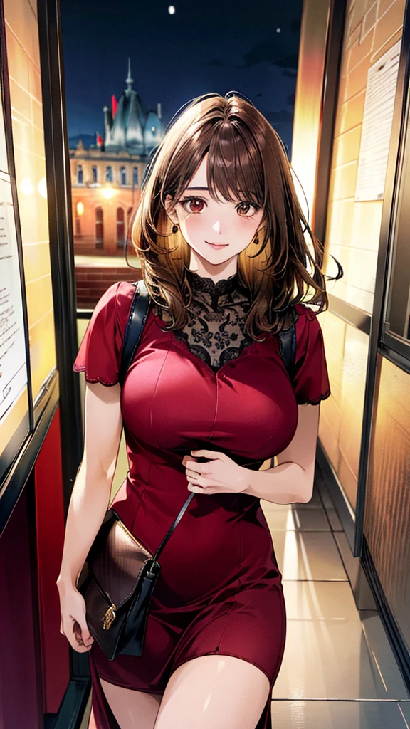 (masterpiece:1.2, Highest quality, Ultra-high resolution, Super detailed), (Realistic, photoRealistic:1.4), Beautiful illustrations, (Natural Side Lighting, Cinema Lighting),
View your viewers, 1 Girl, Japanese, university student, Perfect Face, (Perfect Anatomy), Cute and symmetrical face, Shiny skin, thin,
(Half Up Hair, Light brown hair), Swept-apart bangs, Brown eyes, Droopy eyes, Big eyes, , (Large Breasts),
Beautiful Hair, Beautiful Face, Beautiful attention to detail, Beautiful clavicle, Beautiful body, Beautiful breasts, Beautiful thighs, Beautiful feet,
((Bordeaux color dress:1.3)) ((brown handbag:1.2)),
(Beautiful views), Depth of written boundary, night, (Office Building District), Are standing, (smile),