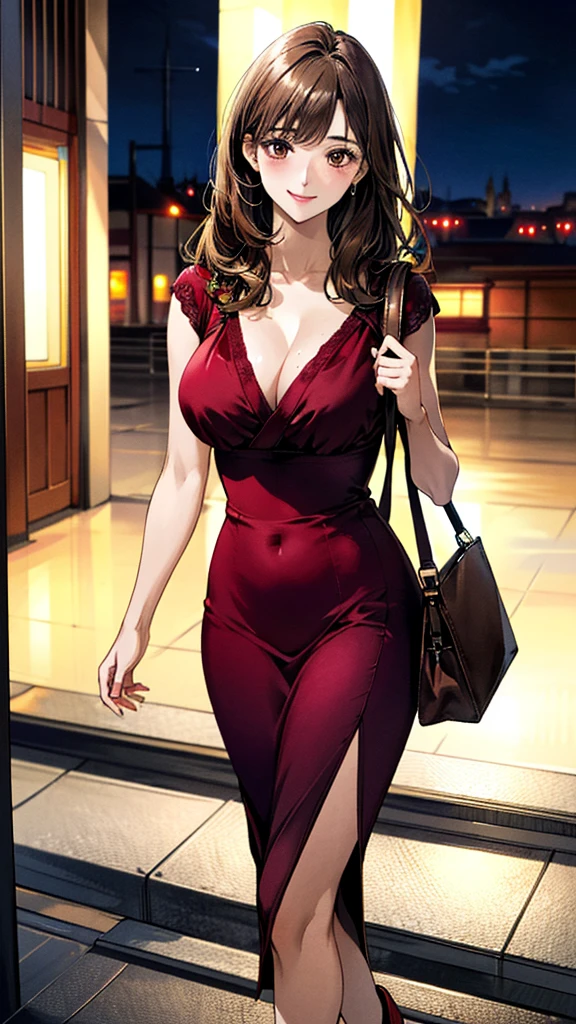 (masterpiece:1.2, Highest quality, Ultra-high resolution, Super detailed), (Realistic, photoRealistic:1.4), Beautiful illustrations, (Natural Side Lighting, Cinema Lighting),
View your viewers, 1 Girl, Japanese, university student, Perfect Face, (Perfect Anatomy), Cute and symmetrical face, Shiny skin, thin,
(Half Up Hair, Light brown hair), Swept-apart bangs, Brown eyes, Droopy eyes, Big eyes, , (Large Breasts),
Beautiful Hair, Beautiful Face, Beautiful attention to detail, Beautiful clavicle, Beautiful body, Beautiful breasts, Beautiful thighs, Beautiful feet,
((Bordeaux color dress:1.3)) ((brown handbag:1.2)),
(Beautiful views), Depth of written boundary, night, (Office Building District), Are standing, (smile),