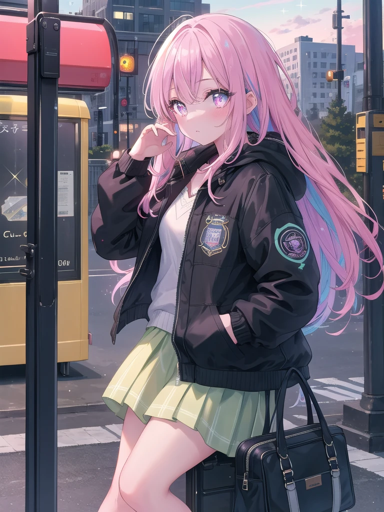 ((8k, best quality, master piece: 1.3)),super high resolution,(1 girl, solo), (colorshift eyes, hyperdetailed, expressive sparkling, glitter, glowing eyes), ultra detailed eyes, ultra-detailed face, random hair, ((pastel color)), Please draw a 13 year old girl waiting at a bus stop. The girl is wearing a casual jacket and is waiting while looking at her smartphone. The background shows the bus stop and a city view, with passersby and vehicles all around. The camera angle should be from the front of the girl waiting at the bus stop. The colors should be realistic of the city, with textures on the jacket and details on the smartphone.