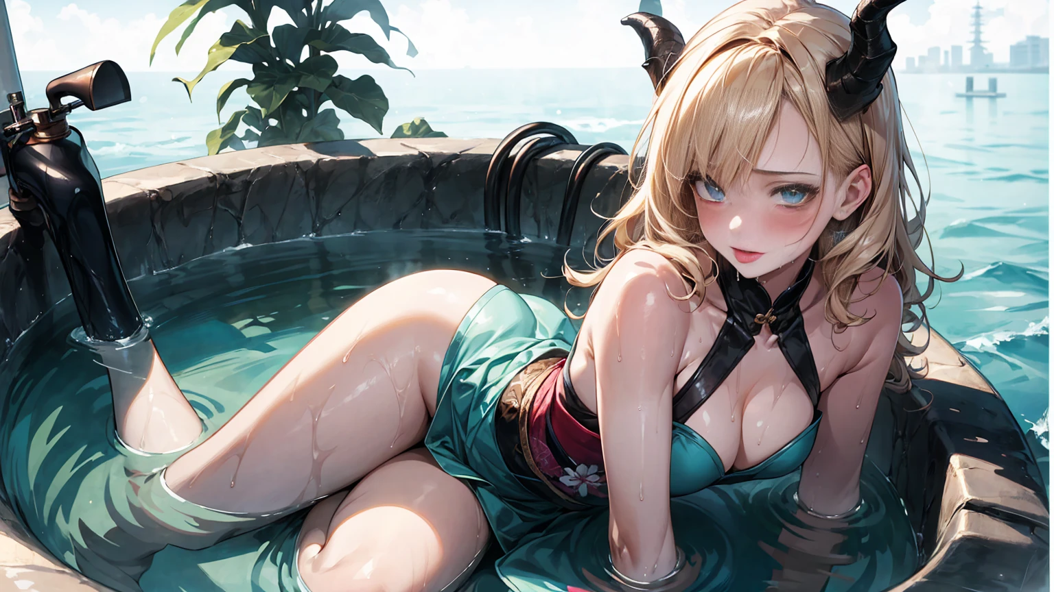 ((Best quality, 8K, Masterpiece: 1.3, 1girl, Beautiful girl)), cute, Dynamism, Detailed face, Detailed skin, detailed clothes, Detailed eyes, Detailed lips, Detailed tongue, Detailed fingers, Detailed mouth, Photorealistic, Raw photo, highres, Natural lighting, dynamic pose, perfect anatomy, toned legs, double eyelids, tear bags, round eyes, moist lips, sweaty, blonde hair, rainbow hair, horns, blush, ecstatic face, steam:1.2, fog:1.2, (tropical ocean, japanese clothes), wet clothes, sheer wet, in the bath, looking at viewer