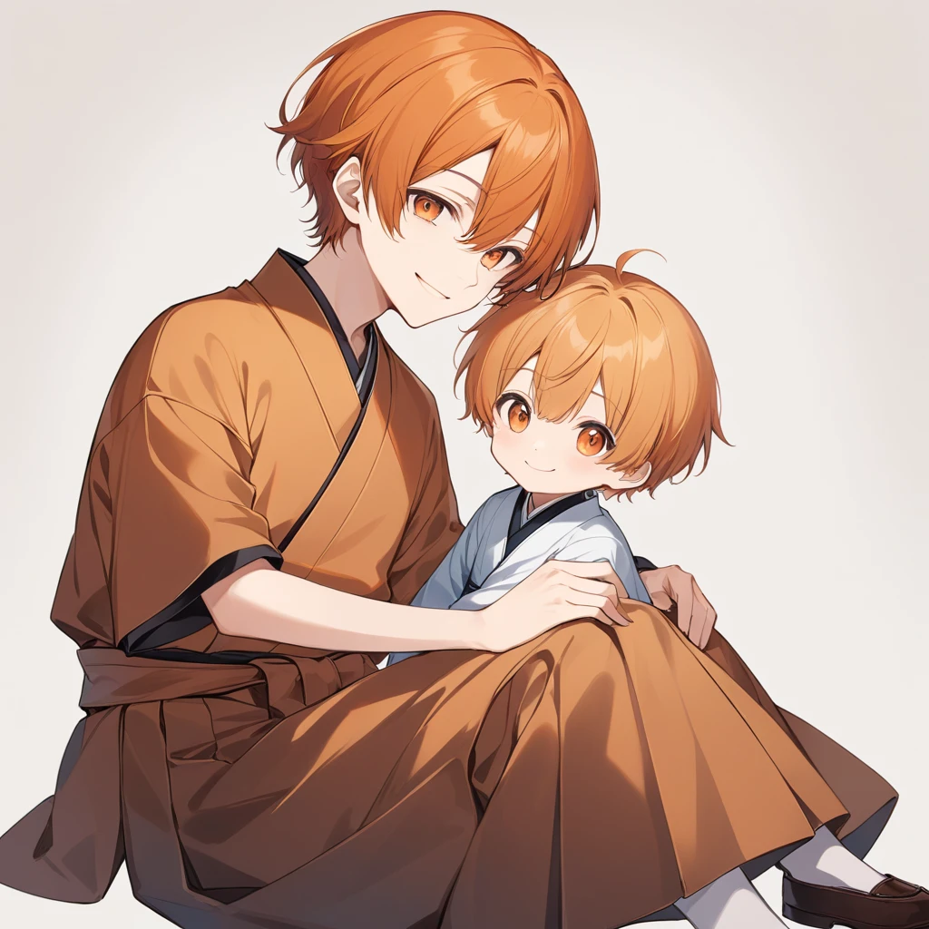 Orange Hair, Orange eyes,short hair,smile, a bit,maleの子One person,a bitキャラ,anime,whole body,mini,male,小さいmaleの子,a bitお漏らし ,Hakama,Sitting,One person