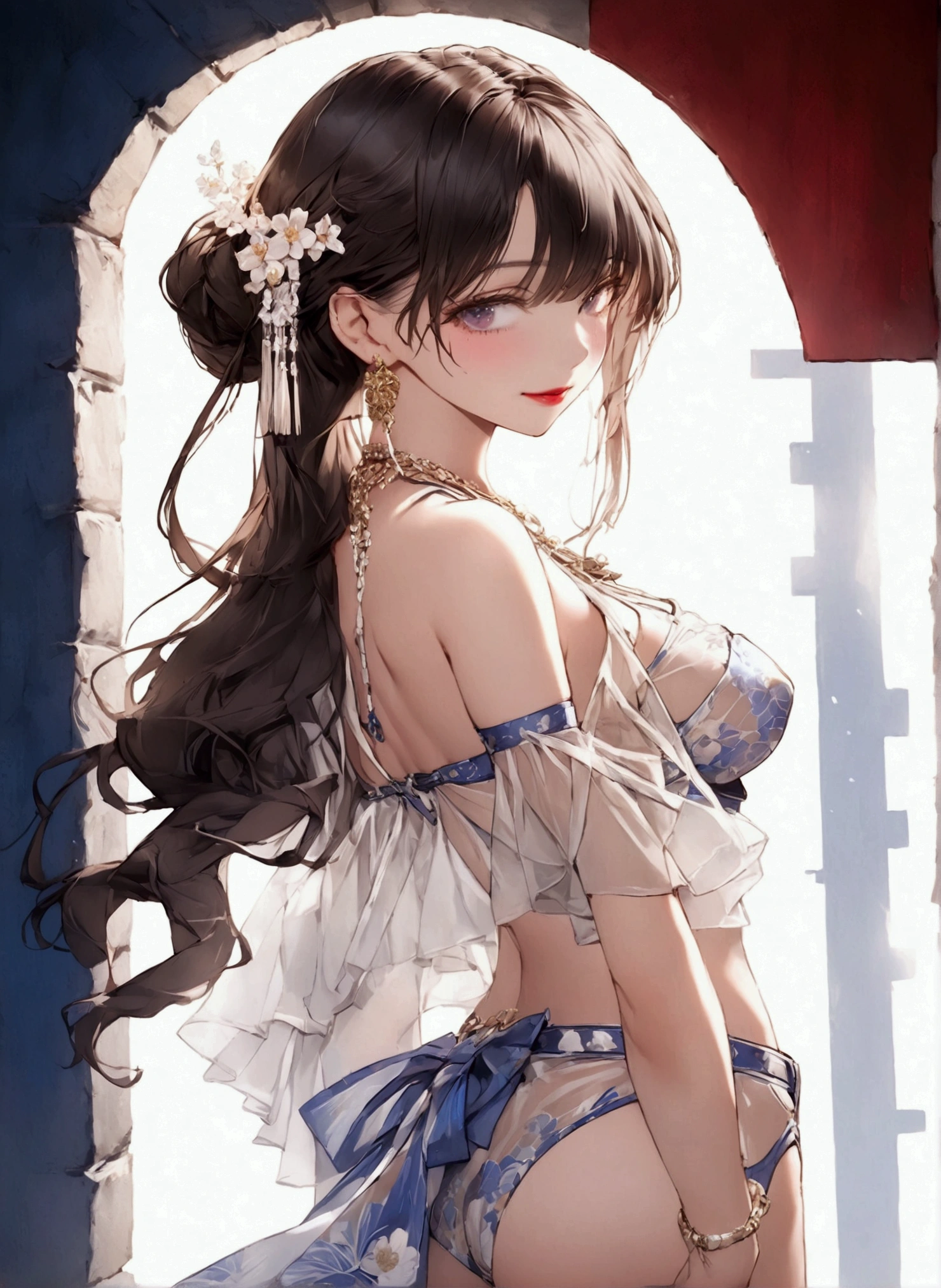 ((masterpiece, Highest quality)),Best aesthetics,One Girl, （A luxury resort hotel with a view of the summer sky）　（Hotel Observatory）　（Standing elegantly on the hotel beach）　（Standing full body view）（Full body portrait）（Beach view from the window）Graceful pose　Lewd face　Graceful pose　Captivating look　A look of contempt　A look of contempt　Sexy Body　Clear Eyes　Round eyes　　office lady　Japanese women　Manga illustration　Beautiful and firm breasts　Beautiful E Cup Breasts　the body is slim　Highest quality　4K Chignon Hairstyle　Hair tied up　Medium Long Hair　（light brown brand）　hair ornaments　necklace　Fascinating sandals　Seductive pose　garter belt　Earrings　（She is wearing a sexy white lace floral dress）　Sexy see-through white floral lace bra,White see-through thong with obscene embroidery　Sensual beige stockings with floral print　　 (Attractive 30 year old Japanese widow,）High heels　flashy necklace　The finer details　Beautiful anime illustrations　Beautiful Face　alone　High resolution, One Girl, Highest quality, Attention to detail, Slightly parted lips　Seductive red lips　Professional, Vibrant colors, Perfect Anatomy, ideal facial features, Ideal Professional Portion Diagram, Perfectly beautiful body, Highly detailed skin, Glowing Skin, Glowing Skin, Cleavage, Captivating smile)),Miss Soapland　Mature hot body　Sparkle Effect, Anime Style, photograph, Attractive nail art　A sophisticated gravure idol　Young Sensual Gravure Idol　Gorgeous Japanese Model