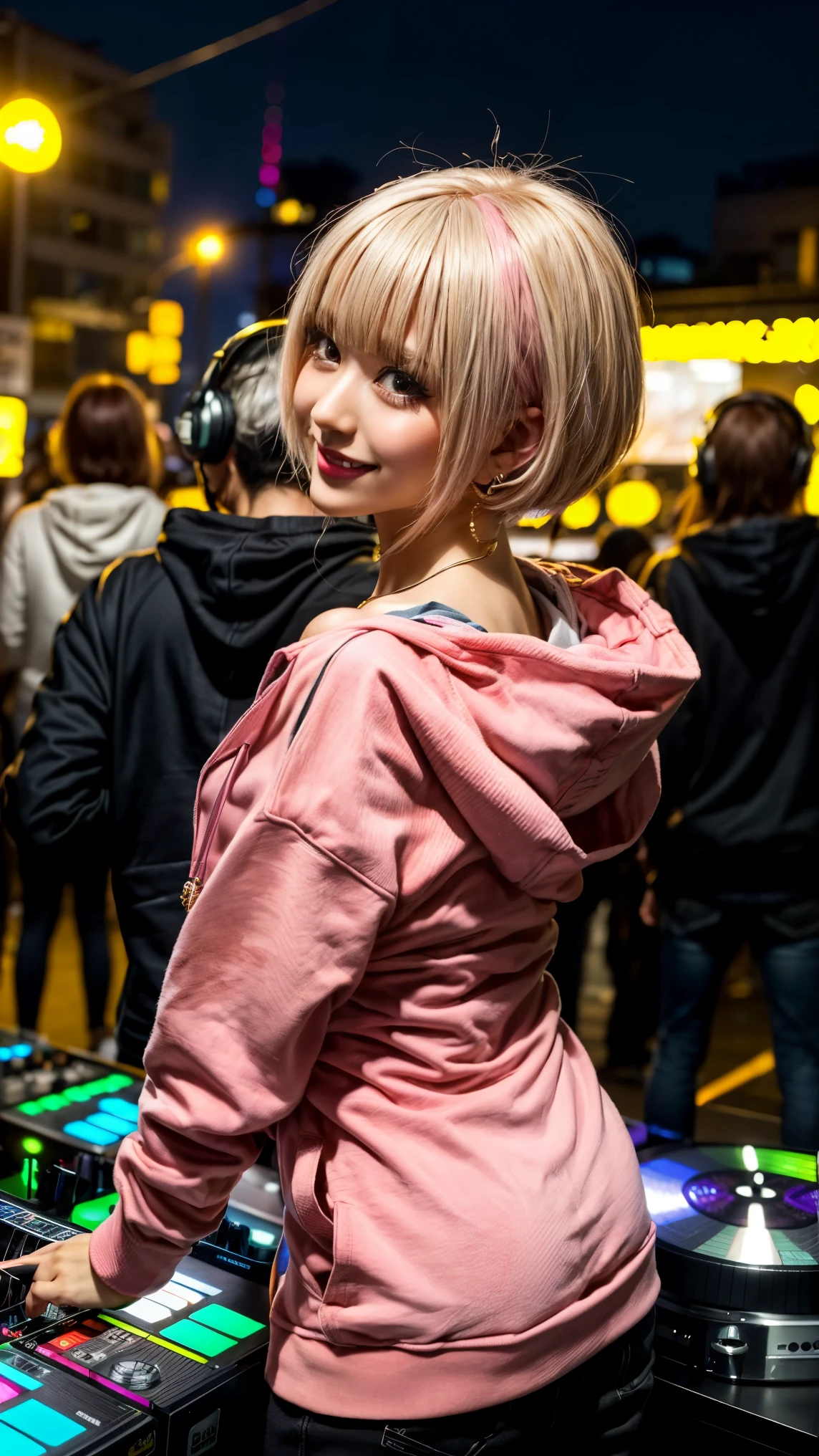 Highest quality, Tabletop, Ultra-high resolution, (Realistic:1.4), (Japanese Idols),RAW Photos, One Girl, night,Detailed skin,nightclub,Disco,(blonde:1.2), (Pink inner hair:1.3),Glossy Lips,smile,21 years old,Beautiful and beautiful eyes,eye shadow,Diamond jewellery,Earrings,Gold Jewelry,(hoodie:1.3),,(Shoulder strengthening:1.2),A well-trained body,(Pixie Cut),Round face,(playing music as a DJ:1.5), (DJ:1.2) Vibrant performances (Music Festival:1.2) and (Lively crowd:1.1) and (Colorful stage lighting:1.1), (Back view:1.5 ),Back view,A slightly distant composition,(back of head)