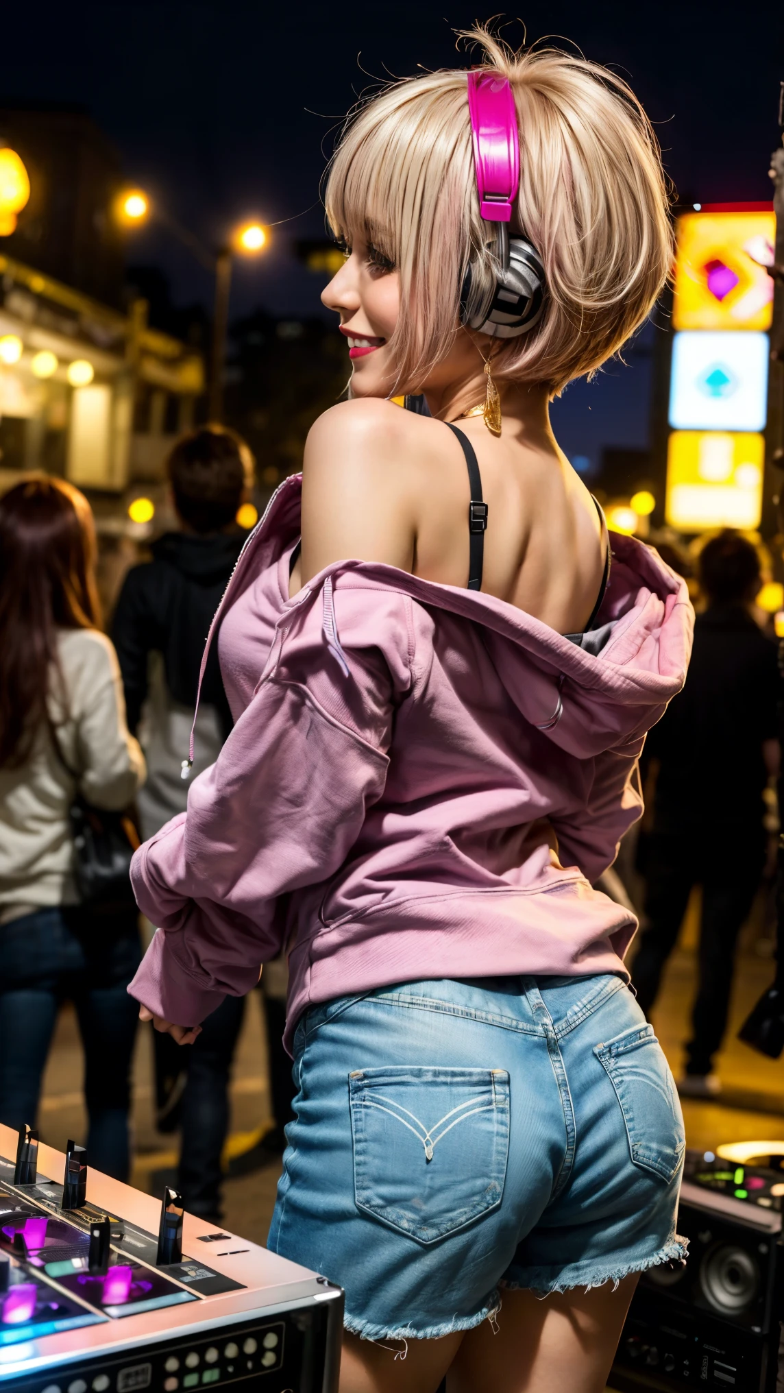 Highest quality, Tabletop, Ultra-high resolution, (Realistic:1.4), (Japanese Idols),RAW Photos, One Girl, night,Detailed skin,nightclub,Disco,(blonde:1.2), (Pink inner hair:1.3),Glossy Lips,smile,21 years old,Beautiful and beautiful eyes,eye shadow,Diamond jewellery,Earrings,Gold Jewelry,(hoodie:1.3),,(Shoulder strengthening:1.2),A well-trained body,(Pixie Cut),Round face,(playing music as a DJ:1.5),  (DJ:1.2) Vibrant performances (Music Festival:1.2) and (Lively crowd:1.1) and (Colorful stage lighting:1.1), (Back view:1.5 ),Back view,A slightly distant composition,(back of head)