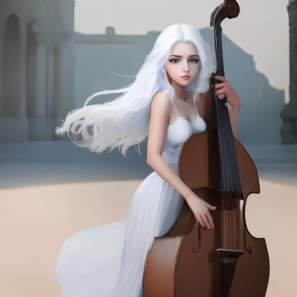 A beautiful 18-year-old woman playing a jazz ballad on a white double bass, the woman is a life-sized BJD, full body, from front, front view, doll joints, thin and haggard face, delicate and beautiful face, face without makeup, Big light blue eyes half closed, looking away, long white hair, open lips, BJD made of white porcelain, long white hair, big blue eyes, white dress, beautiful artwork, 4k, 8k,