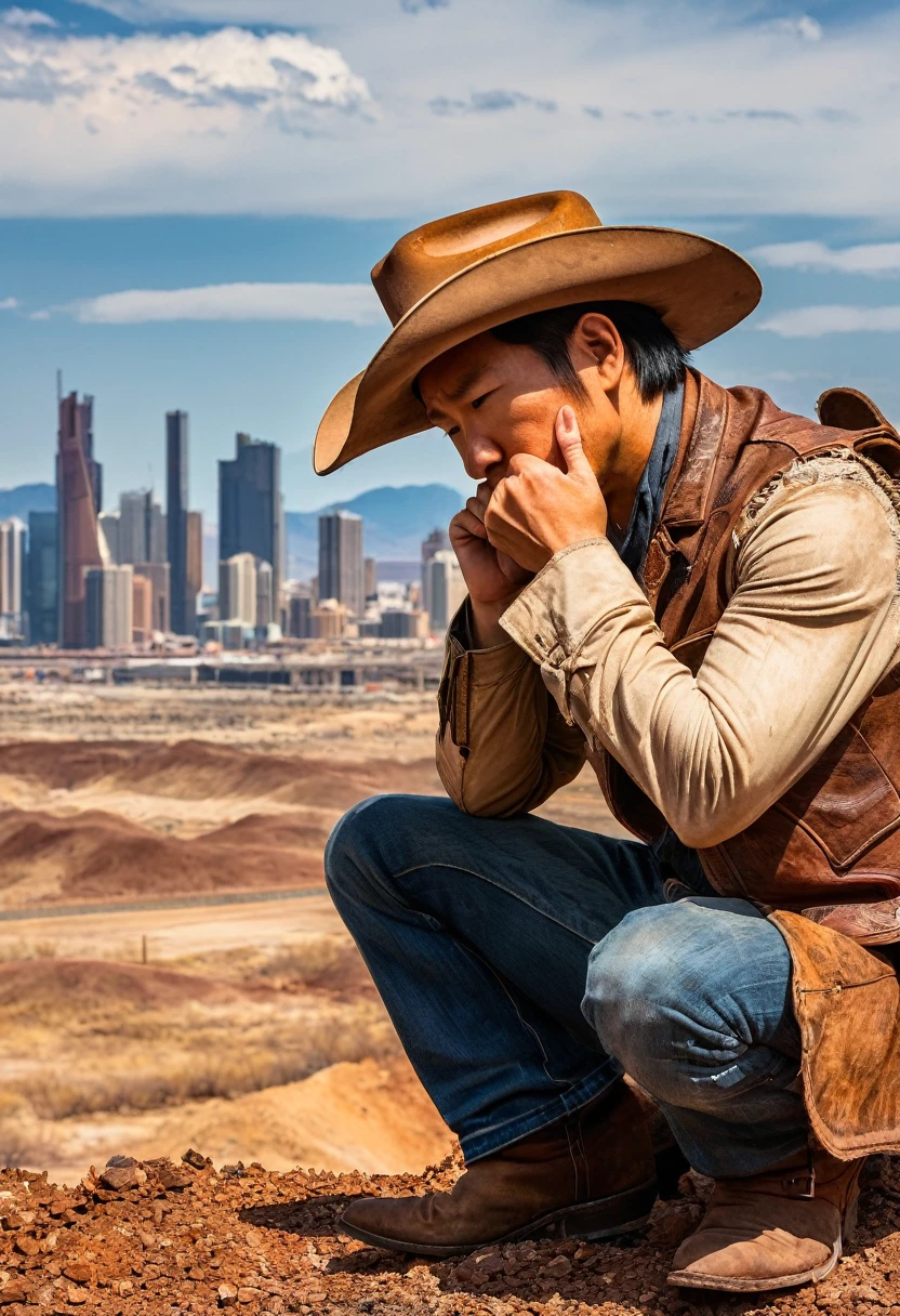 wasteland，老西部牛仔sit在石头上思考，thinker，Hand on cheek，(sit:1.2)，Wear a cowboy hat，Rusty，The skyline in the distance，Western style background