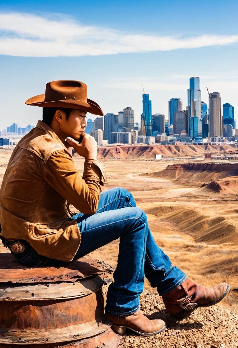 wasteland,老西部牛仔sit在石头上思考,thinker,Hand on cheek,(sit:1.2),Wear a cowboy hat,Rusty,The skyline in the distance,Western style background
