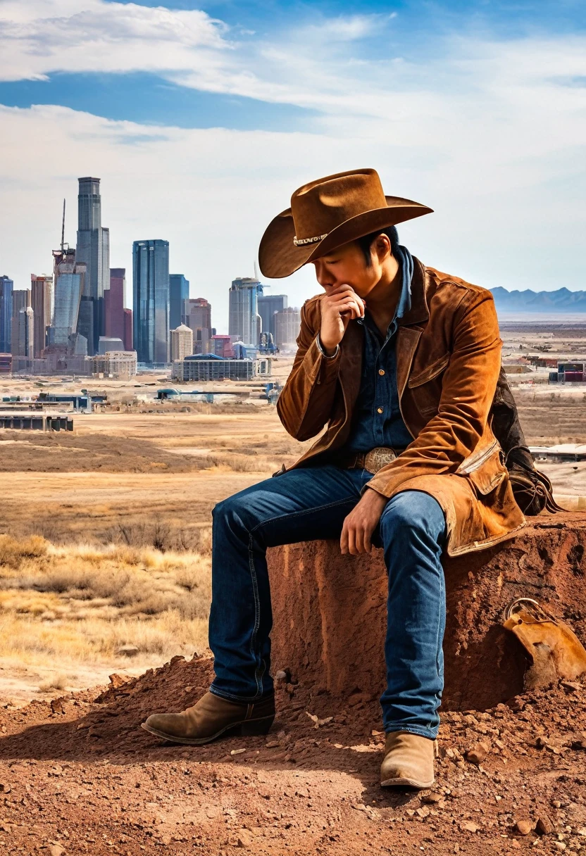 wasteland，老西部牛仔sit在石头上思考，thinker，Hand on cheek，(sit:1.2)，Wear a cowboy hat，Rusty，The skyline in the distance，Western style background