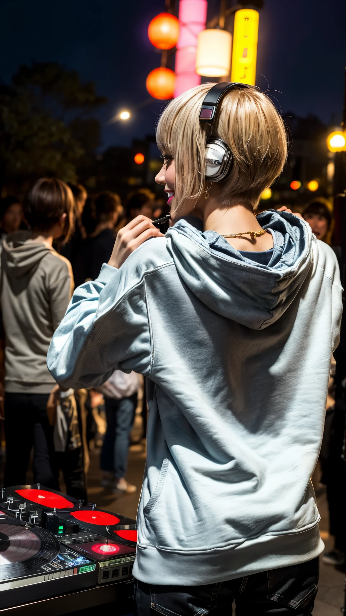 Highest quality, Tabletop, Ultra-high resolution, (Realistic:1.4), (Japanese Idols),RAW Photos, One Girl, night,Detailed skin,nightclub,Disco,(blonde:1.2), (Silver inner hair:1.3),Glossy Lips,smile,21 years old,Beautiful and beautiful eyes,eye shadow,Diamond jewellery,Earrings,Gold Jewelry,(hoodie:1.3),,(Shoulder strengthening:1.2),A well-trained body,(Pixie Cut),Round face,(playing music as a DJ:1.5), (DJ:1.2) Vibrant performances (Music Festival:1.2) and (Lively crowd:1.1) and (Colorful stage lighting:1.1), (Back view:1.5 ),Back view,(A slightly distant composition),(back of head),Composition from behind
