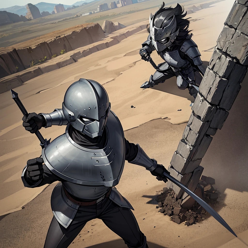 Best illustrations、Best Quality、(have a round shield)、(((Simple grey armor、Black trousers、Black gloves、Short Hair、Black Hair、20 year old man、Iron Helmet、Iron helmet)))、(((Fighting Pose)))、(Old ruins、desert。Grass)、(Black, muddy swamp)、(Medieval Knight)、(Close your eyes、get annoyed、Open your mouth、Get angry、Sweat)、battlefield、(From above)