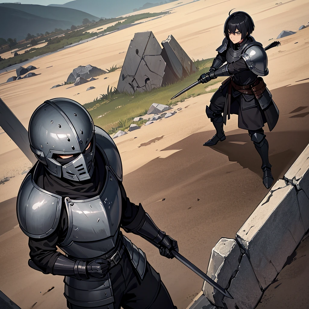 Best illustrations、Best Quality、(have a round shield)、(((Simple grey armor、Black trousers、Black gloves、Short Hair、Black Hair、20 year old man、Iron Helmet、Iron helmet)))、(((Fighting Pose)))、(Old ruins、desert。Grass)、(Black, muddy swamp)、(Medieval Knight)、(Close your eyes、get annoyed、Open your mouth、Get angry、Sweat)、battlefield、(From above)