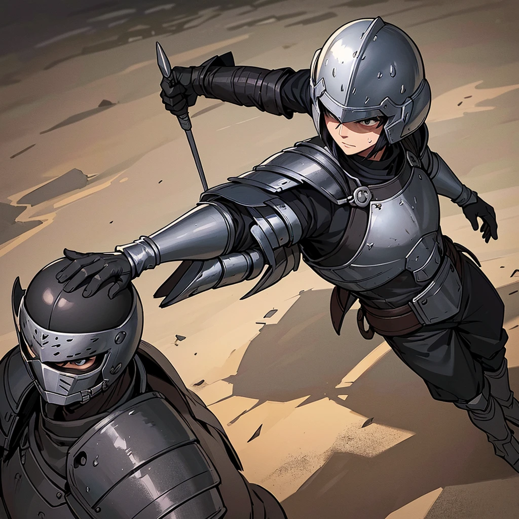 Best illustrations、Best Quality、(have a round shield)、(((Simple grey armor、Black trousers、Black gloves、Short Hair、Black Hair、20 year old man、Iron Helmet、Iron helmet)))、(((Fighting Pose)))、(Old ruins、desert。Grass)、(Black, muddy swamp)、(Medieval Knight)、(Close your eyes、get annoyed、Open your mouth、Get angry、Sweat)、battlefield、(From above)