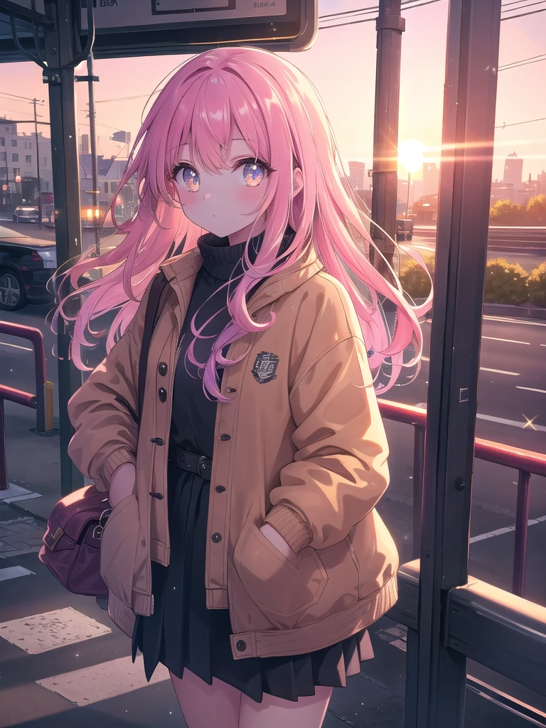 ((8k, best quality, master piece: 1.3)),super high resolution,(1 girl, solo), (colorshift eyes, hyperdetailed, expressive sparkling, glitter, glowing eyes), ultra detailed eyes, ultra-detailed face, random hair, ((pastel color)), Please draw a  girl waiting at a bus stop. The girl is wearing a casual jacket and is waiting while looking at her smartphone. The background shows the bus stop and a city view, with passersby and vehicles all around. The camera angle should be from the front of the girl waiting at the bus stop. The colors should be realistic of the city, with textures on the jacket and details on the smartphone.A breathtaking scene bathed in the warm, golden light of the setting sun. The light casts long, soft shadows and creates a warm glow that envelops the entire image. The sky is a mix of oranges, pinks, and purples, adding to the serene and peaceful atmosphere.