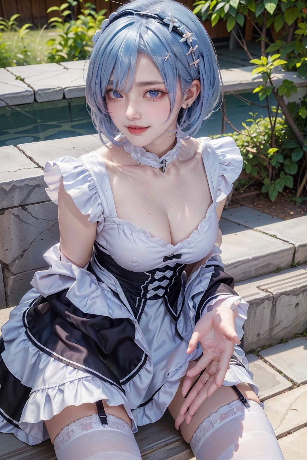 ((16K)),(masterpiece:1.3, Highest quality, Ultra-high resolution, Super detailed), (Realistic, photoRealistic:1.4), Perfect lighting, Depth of written boundary, Browsing Caution, Surrealism,Face Light,(( large breasts)),Beautiful detailed hair,((Beautiful eyelashes)), Beautifully detailed face, Beautiful fine details, Beautiful body, thin脚,Beautiful breasts, Beautiful feet, ((Beautiful fingers)), thin, 1 girl, 23 years old,Perfect Face, Long eyelashes,Perfect Anatomy, Supermodel with a long neck,((Skinny1.2)),(Perfect Anatomy,Anatomically correct, Highly detailed skin), Shiny skin,((beautiful girl:1.1)), ((Smiling happily:1.2)),((leaning on rail:1.2)),(her legs spread in M legs:1.2), ((spread legs:1.2)),((from side)),rem_\(re:NULL\), ((blue hair, short hair)), (hair over one eye:1.3), eyes_ass visible_through_hair, Blue eyes, roswaal_mansion_maid_uniform, apron, white thighhighs, garter straps, standing, upper body, outdoors, mansion, buzzer, garden, flowers, trees, grass, bushes, sunlight,