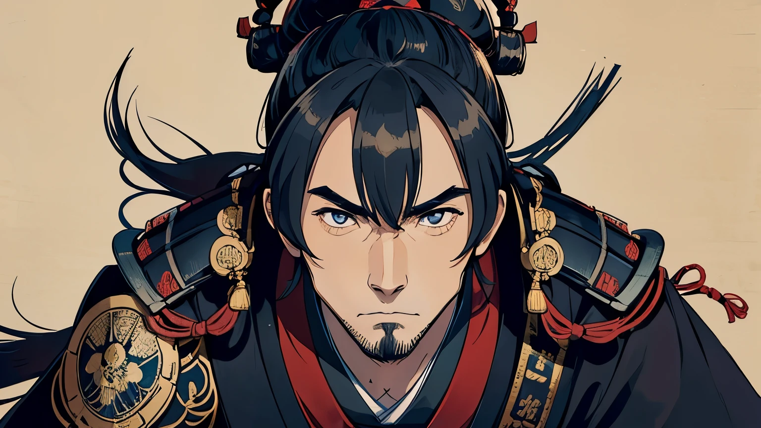 The whole body is shown、Wearing intricately designed traditional samurai armor、Famous people in Japanese history、Detailed images of Toyotomi Hideyoshi、He tied his topknot.、He has a stern look.、Has an intimidating presence。The background is a traditional Japanese castle