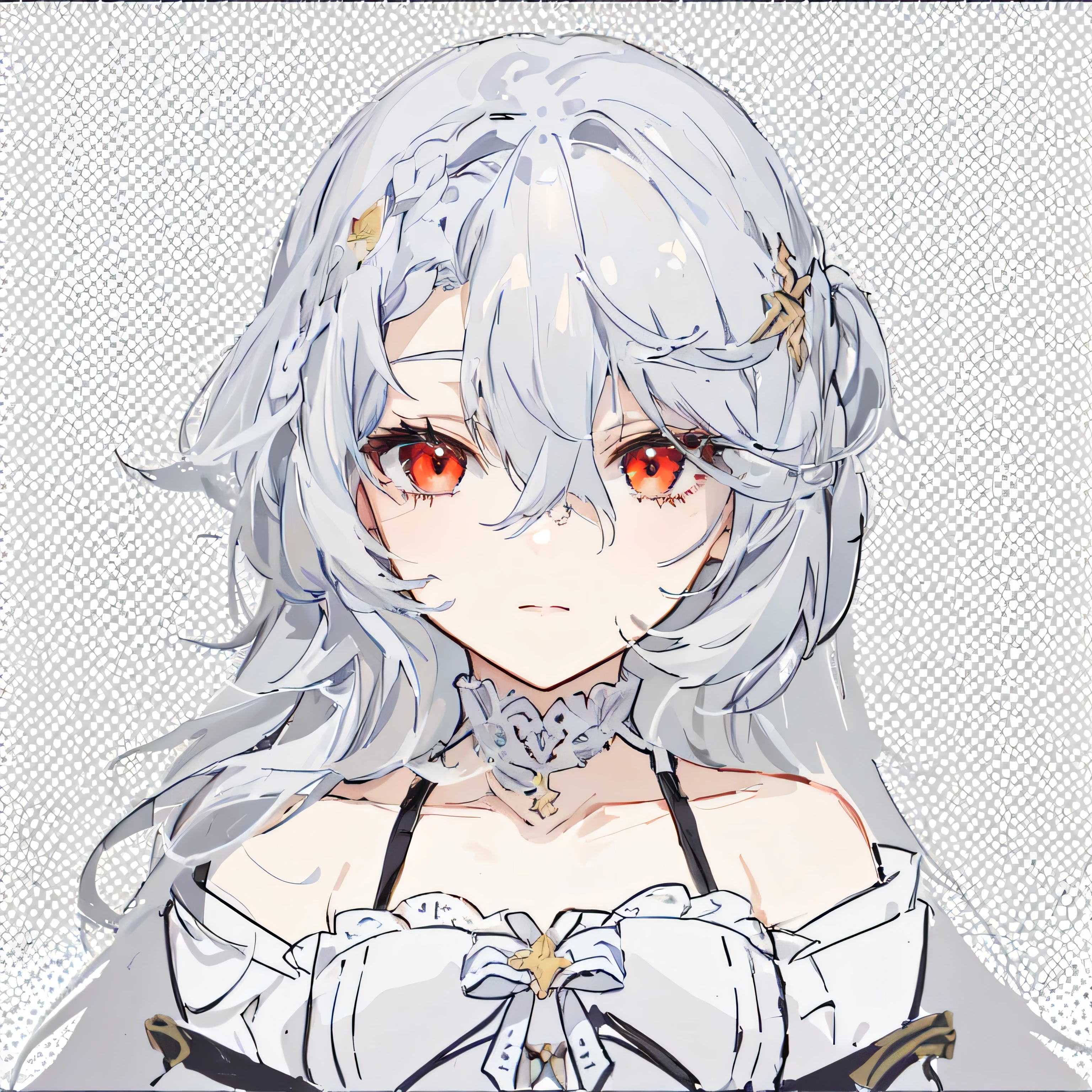 anime girl with red eyes and white hair in a white dress, vector shaded anime, anime style. 8k, silver haired, clean detailed anime style, white haired, white haired deity, yandere intricate, high quality anime artstyle, flat anime style shading, with glowing red eyes, silver hair (ponytail), a silver haired mad, anime stylized,,Rich in details,Masterpiece,Clean shaping,Anime style