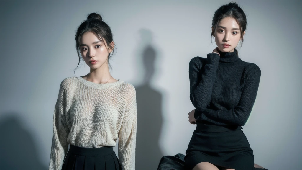 1 Girl, Thin face, Sharp blue eyes, Black Hair, Hair tied in a bun, Thin:1.3,  Body, Wearing a light knit sweater, High dark skirt, Hands on knees, Looking at the audience, (Eye level shot, Cowboy shooting),
rest
(best quality:1.3, masterpiece:1.3), (Practical, photo Practical:1.2), high resolution, Ultra HD, 8K, (Practical skin, Delicate and glowing skin), (Normal expression, Perfect anatomical structure),
