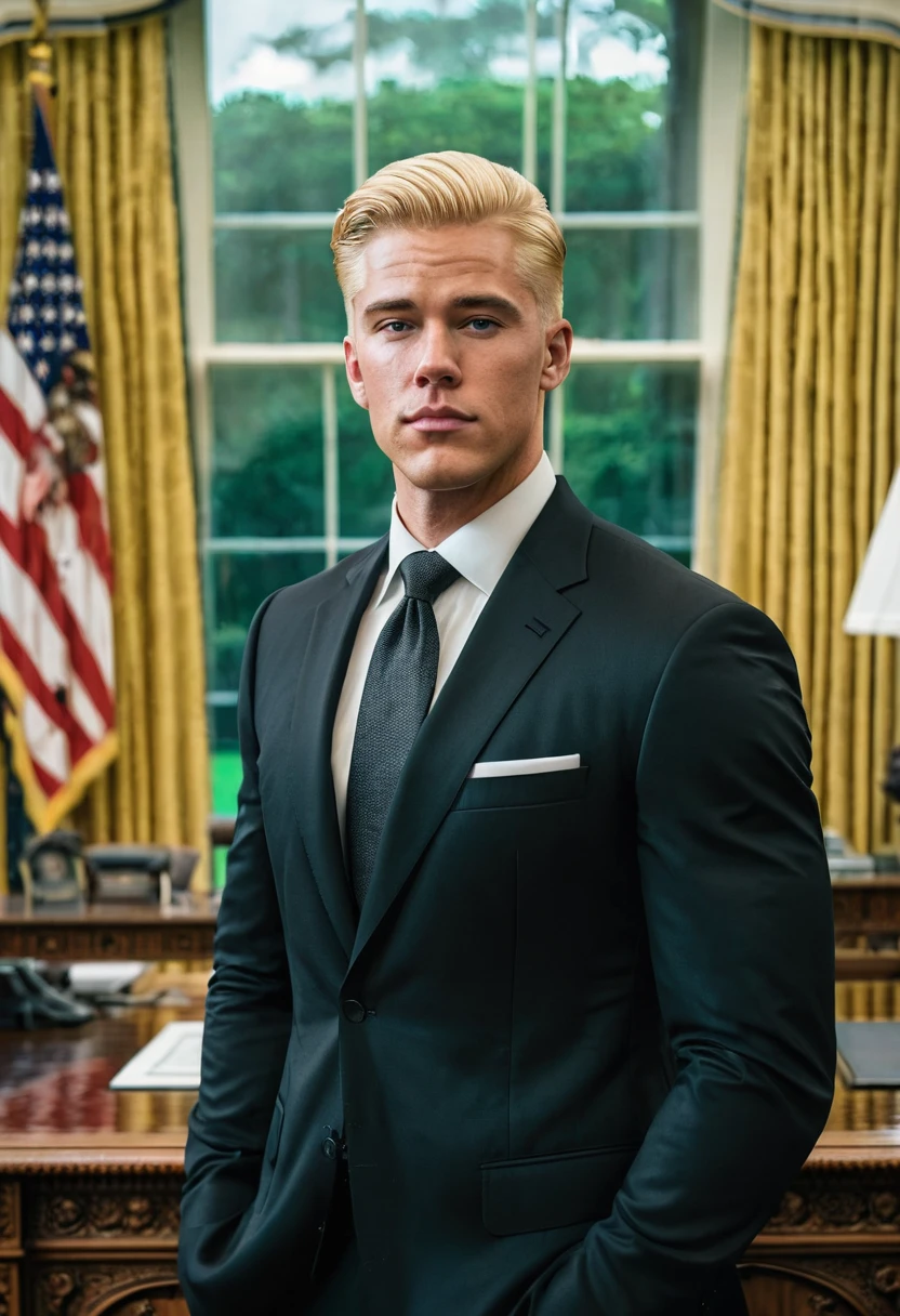 Handsome American man with blonde hair and masculine build. He is wearing a classic dark suit. The Oval Office is in the background.