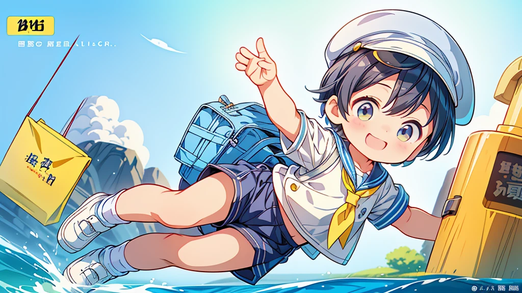 Chibi no Boy、(((Highest quality、Masterpiece、Official Art、The best dynamic composition)))、Anime Style、Very detailed、8K high resolution、The boy is carrying a rectangular yellow bag over his shoulder.、Navy blue sailor suit and navy blue shorts、White socks、Diamond Hat、Smiling happily at kindergarten、