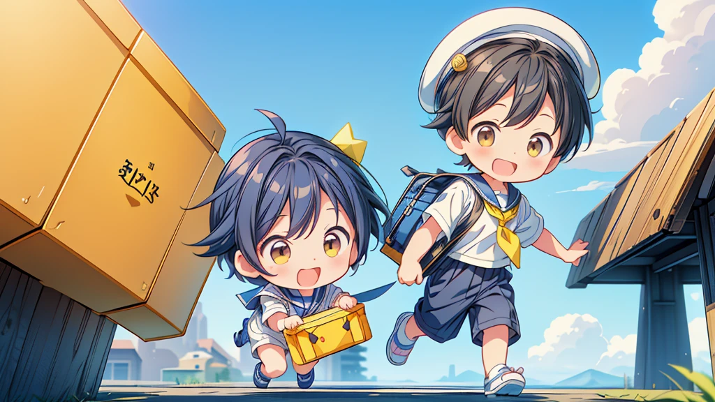 Chibi no Boy、(((Highest quality、Masterpiece、Official Art、The best dynamic composition)))、Anime Style、Very detailed、8K high resolution、The boy is carrying a rectangular yellow bag over his shoulder.、Navy blue sailor suit and navy blue shorts、White socks、Diamond Hat、Smiling happily at kindergarten、