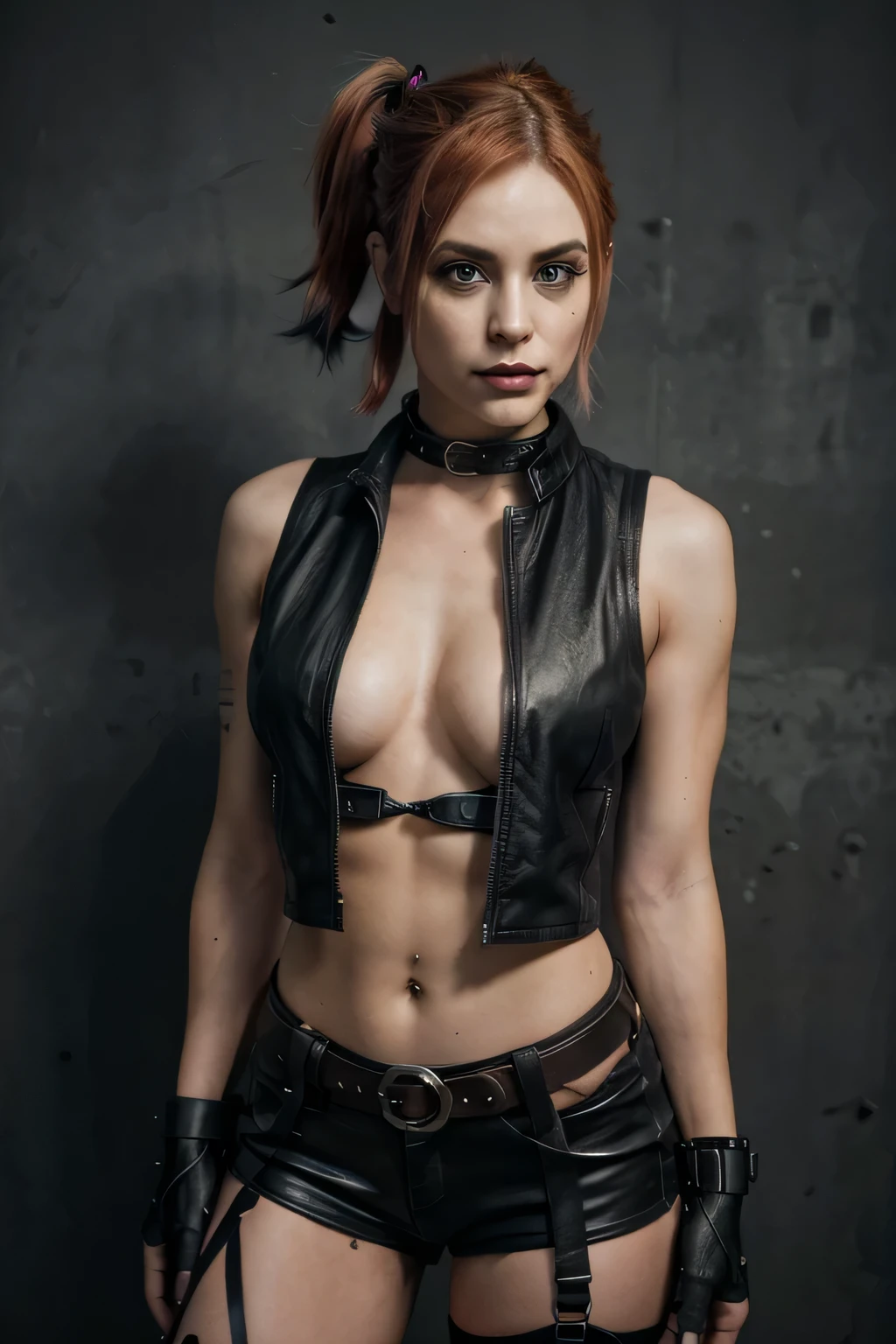 Harley Quinn, (((whole body))),super muscular build and average breasts.,wearing an open black leather vest..,There is a black leather belt at the waist., tight pants, and heavy boots, She has a punk rock look and an asymmetrical bob hairstyle..... Harley Quinn inspired makeup....., Hyper-realistic close-up photograph of Harley Quinn, masterpiece, Best quality, (photorealistic:1.4), post-apocalyptic peace. Pay attention to fine details, Sharp Focus, nsfv.