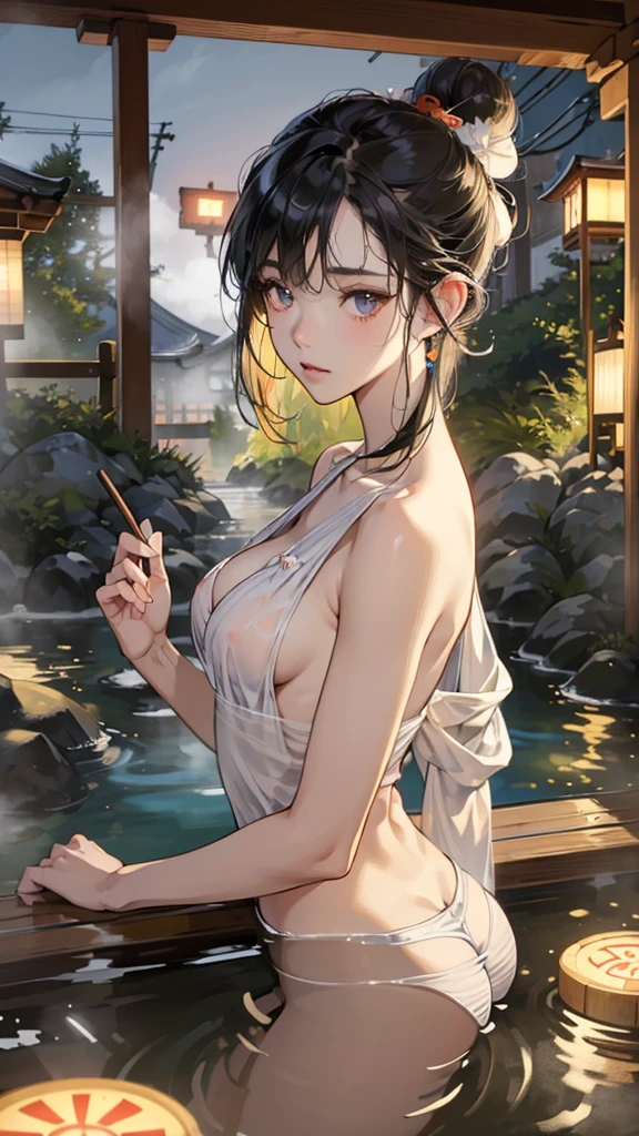 (perfect anatomy:1.2)(absurdres, highres, ultra detailed),masterpiece,best quality,high resolution,8k,Realistic face,Realistic skin texture,magnified textures, stunning clarity,detailed anime girl,(ultra detailed eyes and face),,black hair,(single bun),pale skin,Japanese shrine maiden, mysterious eyes,thin body type,big breasts,small ass,(expressionless:1.2).(onsen:1.5) in Steampunk in the Edo Period、(Vivid hieroglyph signs and street advertisements:1.2)hieroglyph,look at far away,,Delicate atmosphere、sitting,midnight,Fantasy