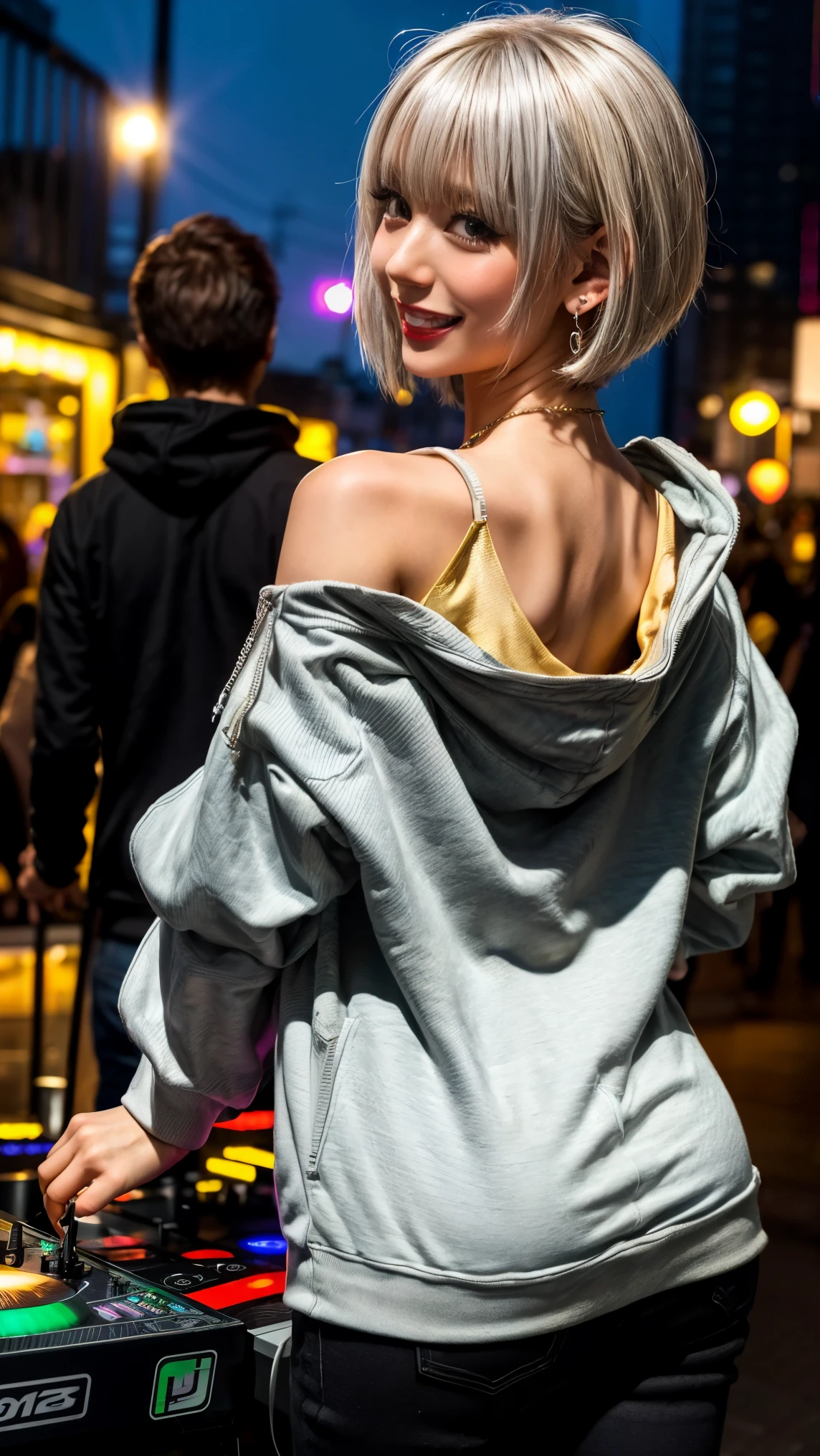 Highest quality, Tabletop, Ultra-high resolution, (Realistic:1.4), (Japanese Idols),RAW Photos, One Girl, night,Detailed skin,nightclub,Disco,(blonde:1.2), (Silver inner hair:1.3),Glossy Lips,smile,21 years old,Beautiful and beautiful eyes,eye shadow,Diamond jewellery,Earrings,Gold Jewelry,(hoodie:1.3),,(Shoulder strengthening:1.2),A well-trained body,(Pixie Cut),Round face,(playing music as a DJ:1.5), (DJ:1.2) Vibrant performances (Music Festival:1.2) and (Lively crowd:1.1) and (Colorful stage lighting:1.1), (Back view:1.5 ),Back view,(A slightly distant composition),(back of head),Composition from behind