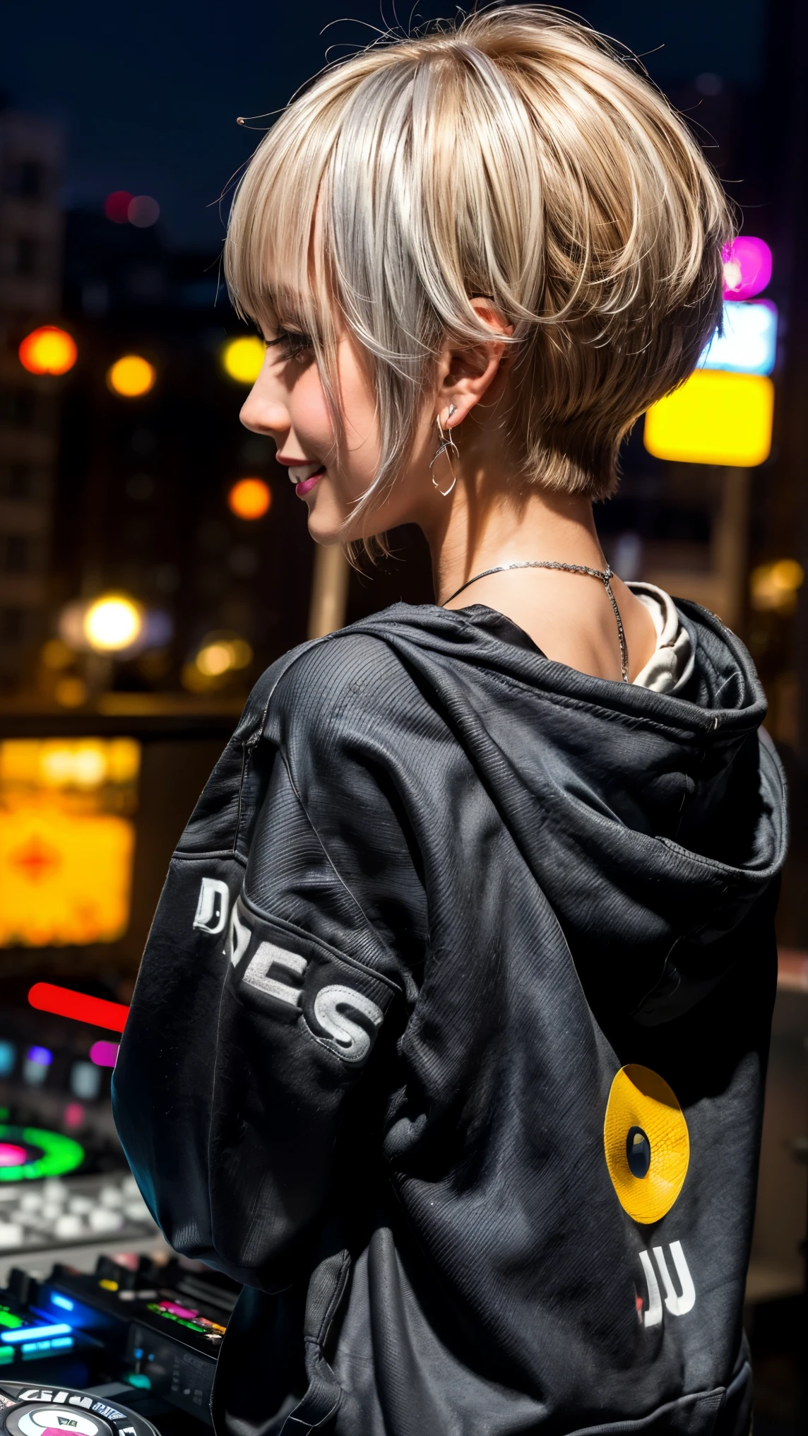 Highest quality, Tabletop, Ultra-high resolution, (Realistic:1.4), (Japanese Idols),RAW Photos, One Girl, night,Detailed skin,nightclub,Disco,(blonde:1.2), (Silver inner hair:1.3),Glossy Lips,smile,21 years old,Beautiful and beautiful eyes,eye shadow,Diamond jewellery,Earrings,Gold Jewelry,(hoodie:1.3),,(Shoulder strengthening:1.2),A well-trained body,(Pixie Cut),Round face,(playing music as a DJ:1.5),  (DJ:1.2) Vibrant performances (Music Festival:1.2) and (Lively crowd:1.1) and (Colorful stage lighting:1.1), (Back view:1.5 ),Back view,(A slightly distant composition),(back of head),Composition from behind