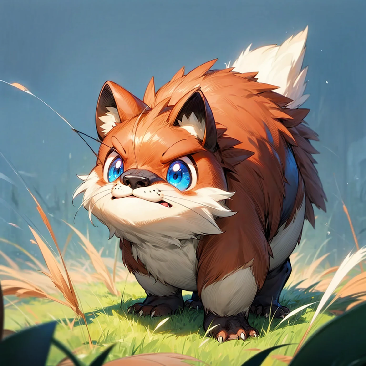 1animaly, small animal version, Full body version, beaver mixed with dinosaurus, blue eyes, beaver head mixed, has horns, Grassroots, full background in field