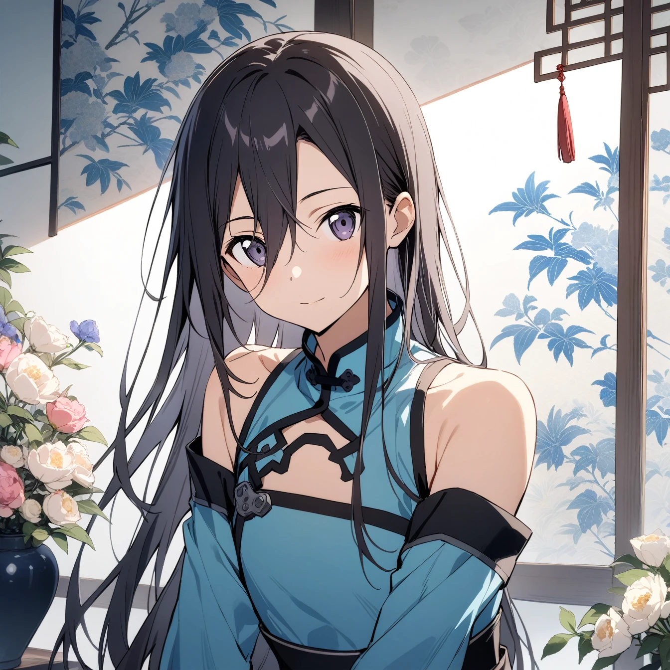 masterpiece,best quality,1 boy, male focus, kirito \(Sao-ggo\), Sword Art Online,very beautiful,Chinese style,Guild clothing,Oriental wallpaper,flower,blue tint,Natural light,soft light，White background，shadow,black hair,The character is in the middle of the picture，Half body，Off the shoulders